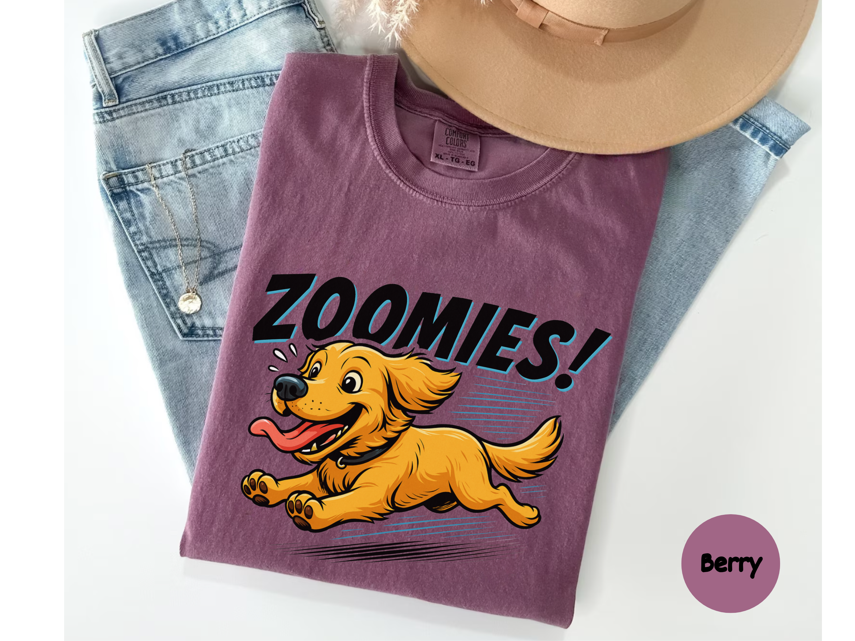 Active Golden Retriever shirt with adorable zoomies dog illustration ideal for pet parents dog moms dads and casual wear.