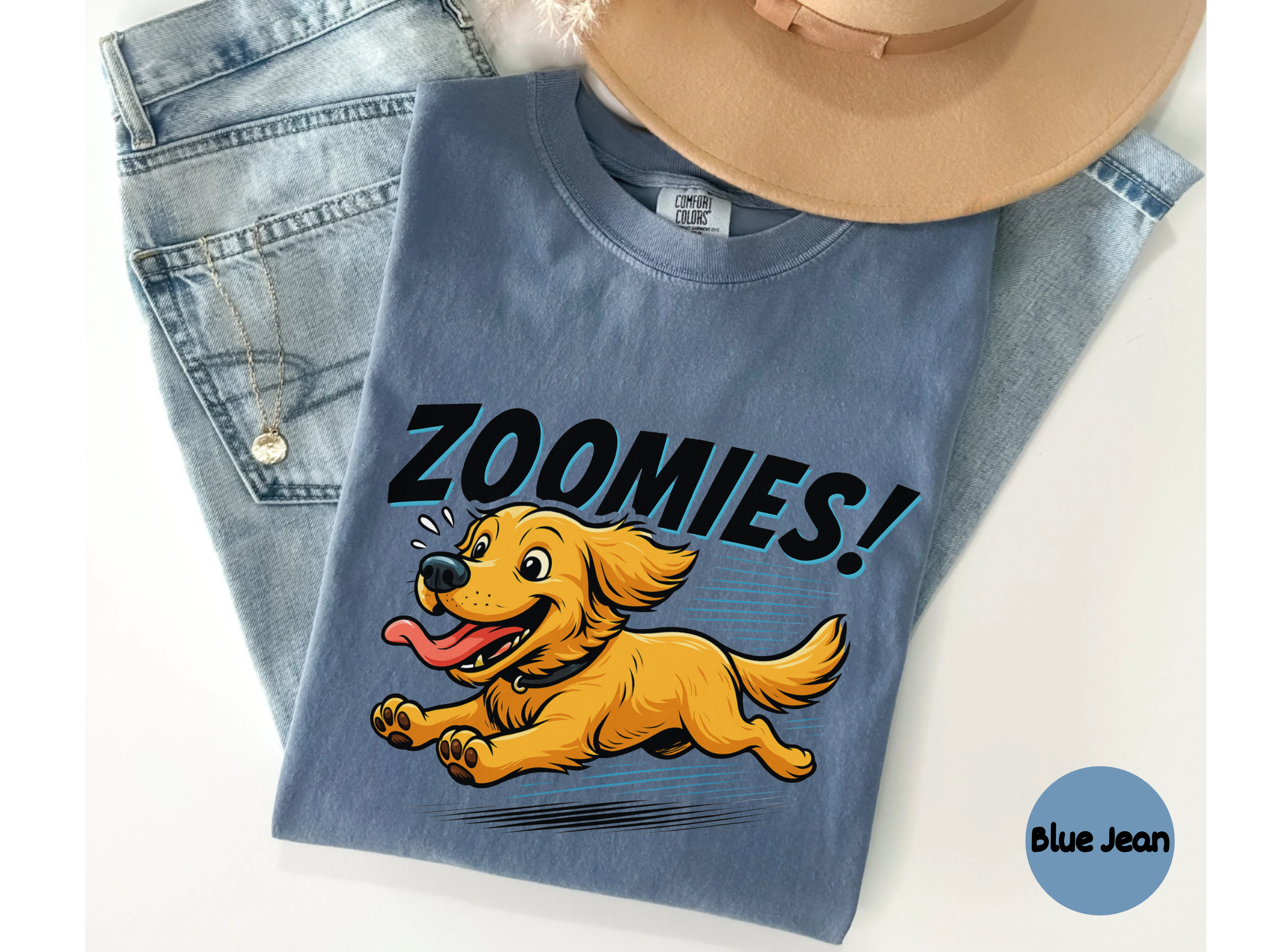 Comfortable Golden Retriever t-shirt with dynamic zoomies dog graphic for pet enthusiasts casual wear or gifting.