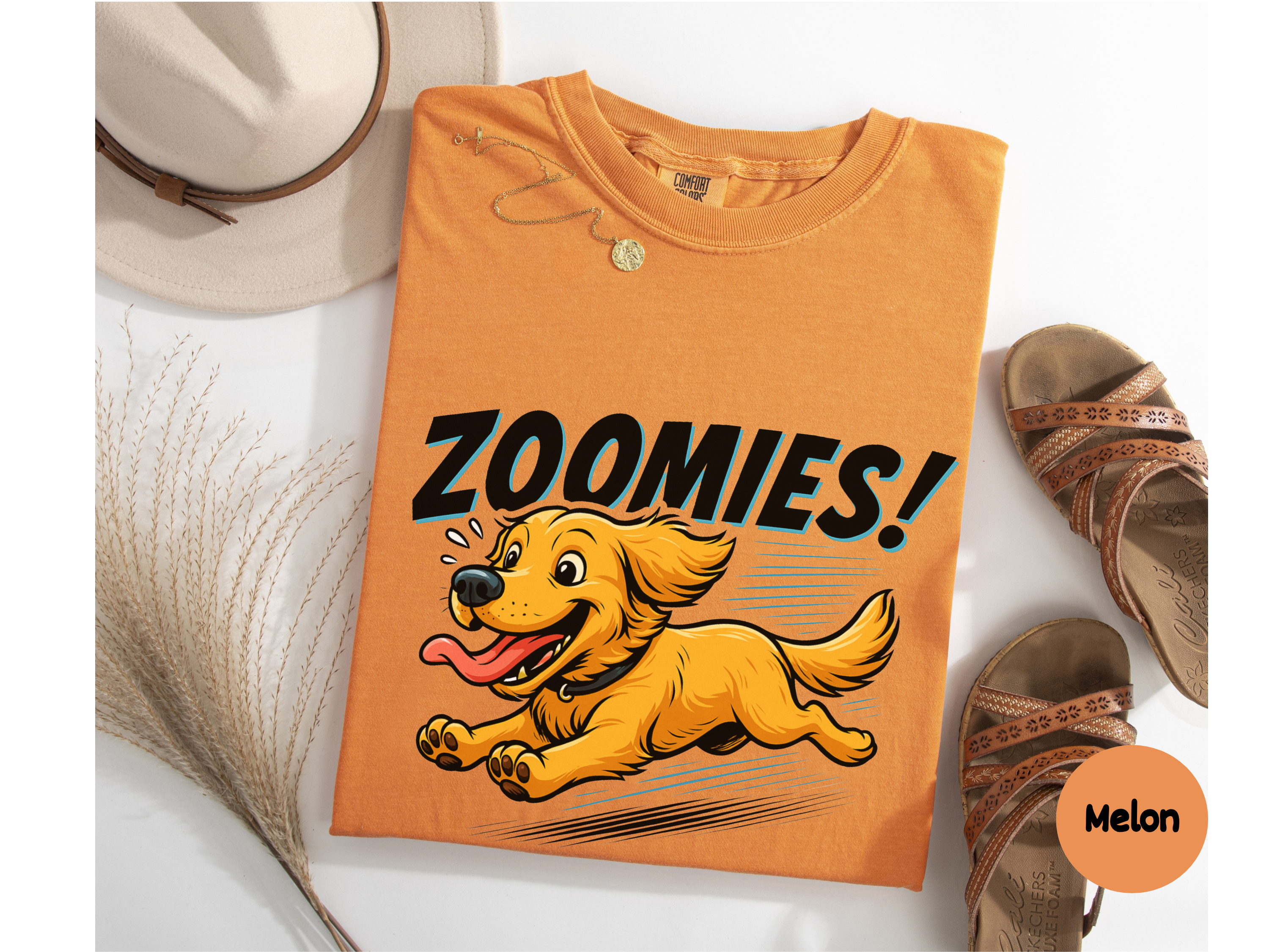 Cute Golden Retriever t-shirt showing energetic zoomies dog mid-run ideal for pet parents dog moms dads or gifting.