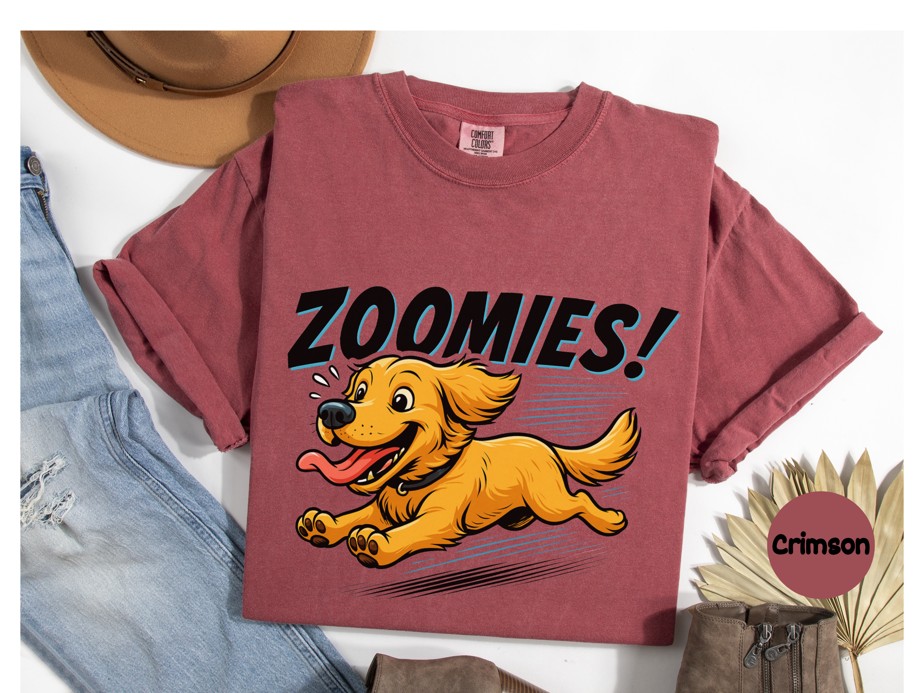 Playful Golden Retriever tee showing happy energetic dog zoomies perfect for dog lovers gift or everyday fashion.