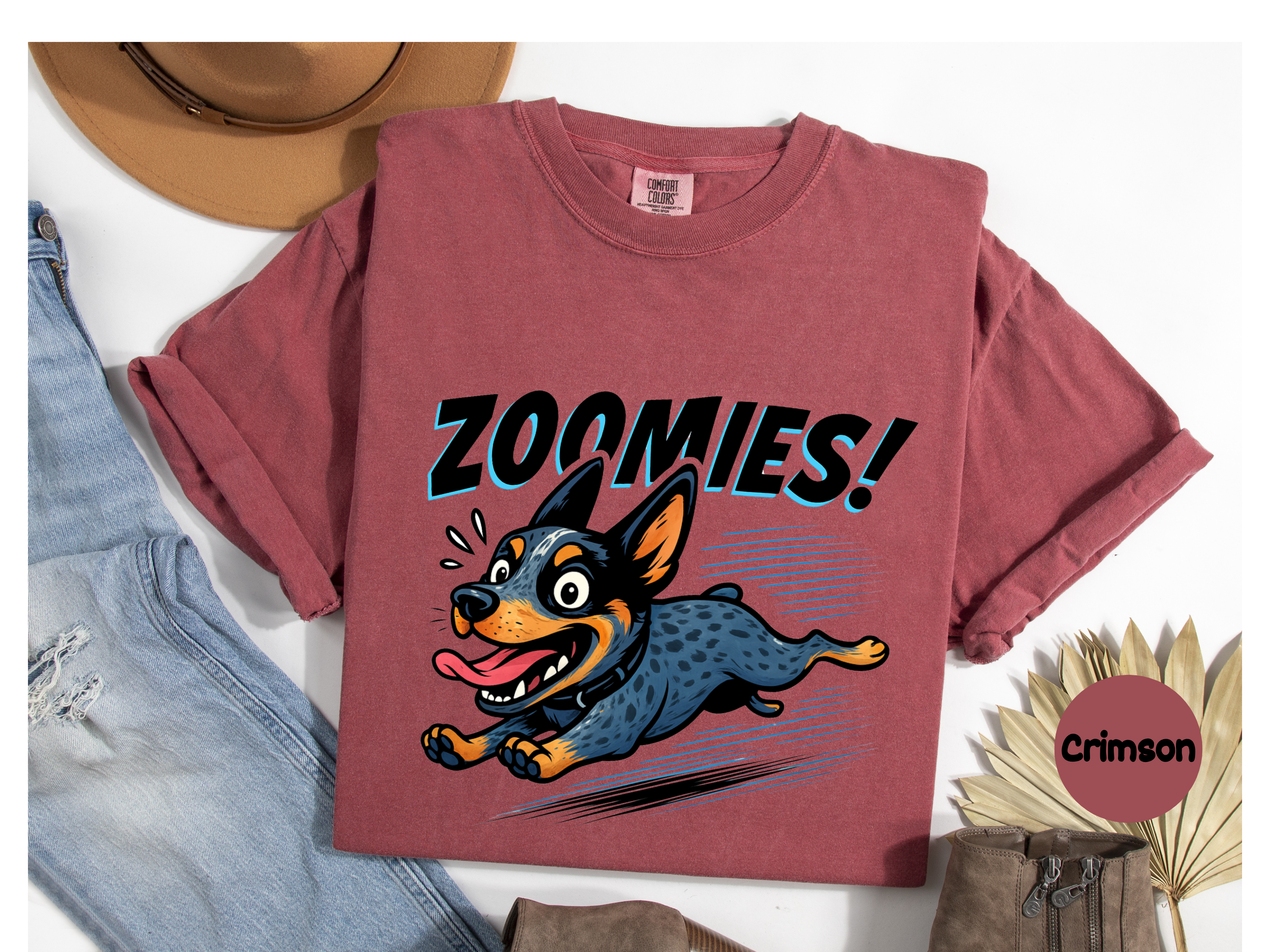 Funny Australian Shepherd t-shirt for dog moms dads pet parents with zoomies running dog design.