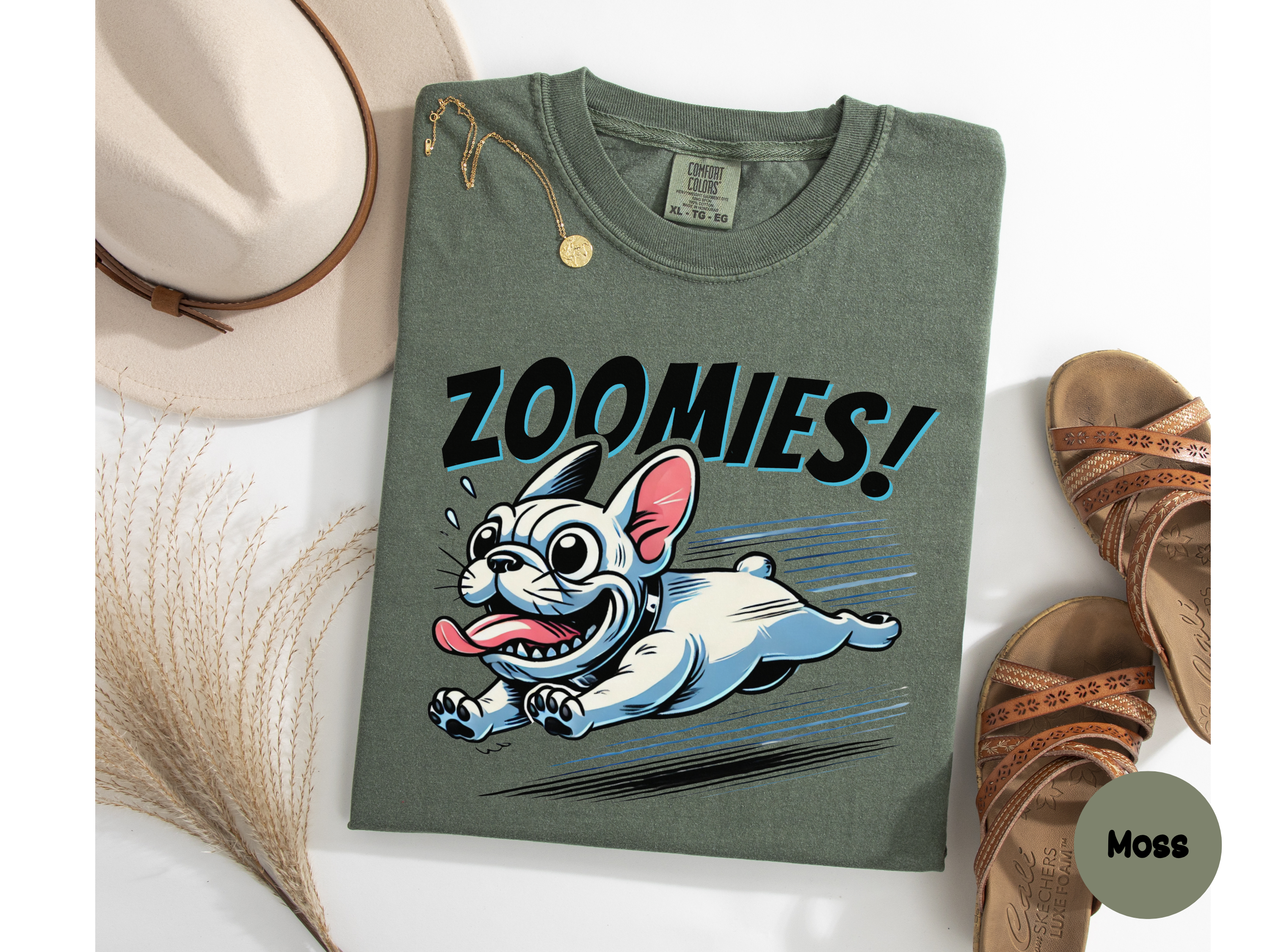 Playful French Bulldog design t-shirt showcasing zoomies moment in vibrant colors perfect for pet owners and dog lovers who enjoy cheerful art.
