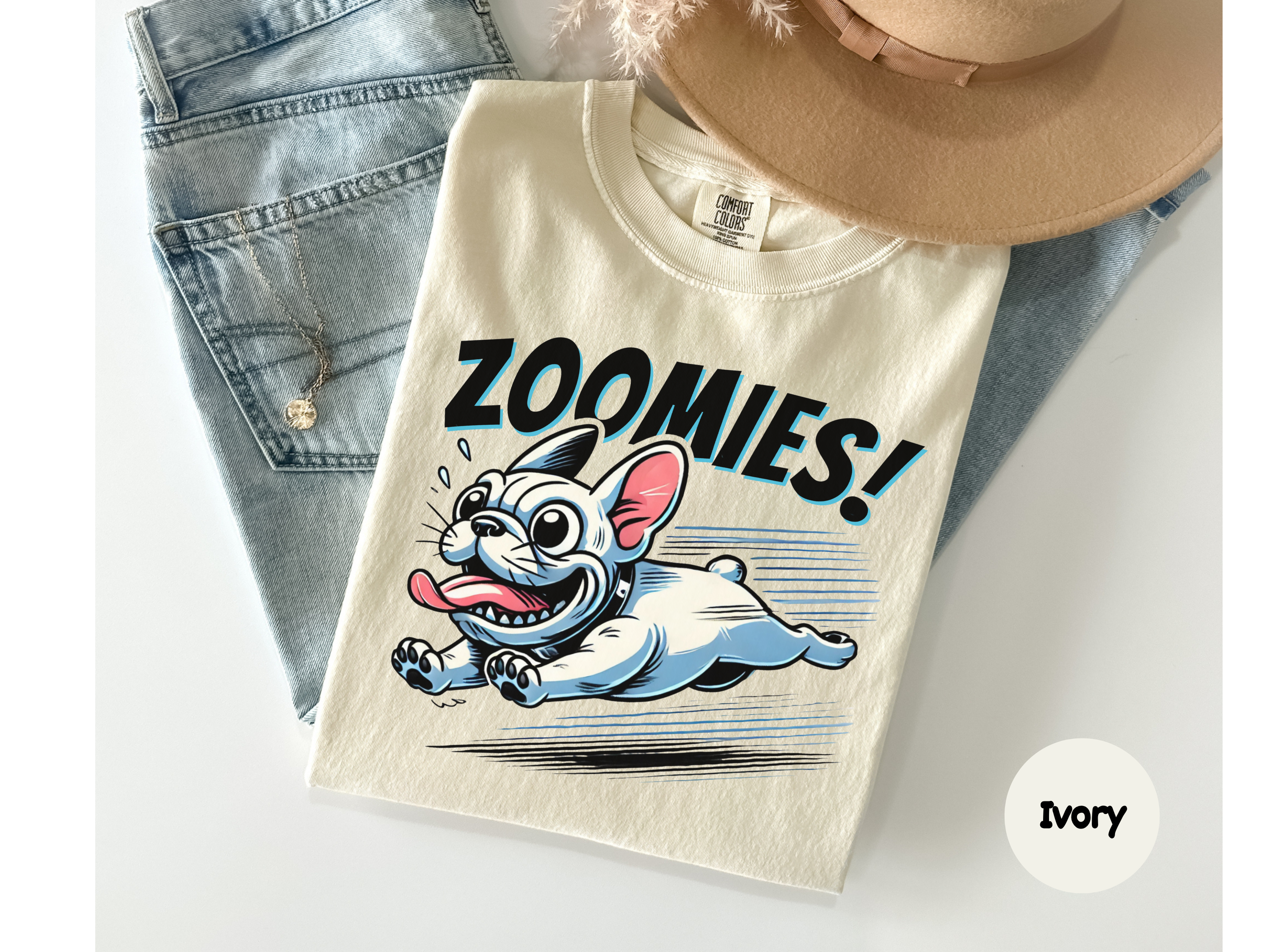 Cute french bulldog Shirt mid-run with happy eyes and playful face featuring the word Zoomies for dog owners who love fun energetic pet designs.