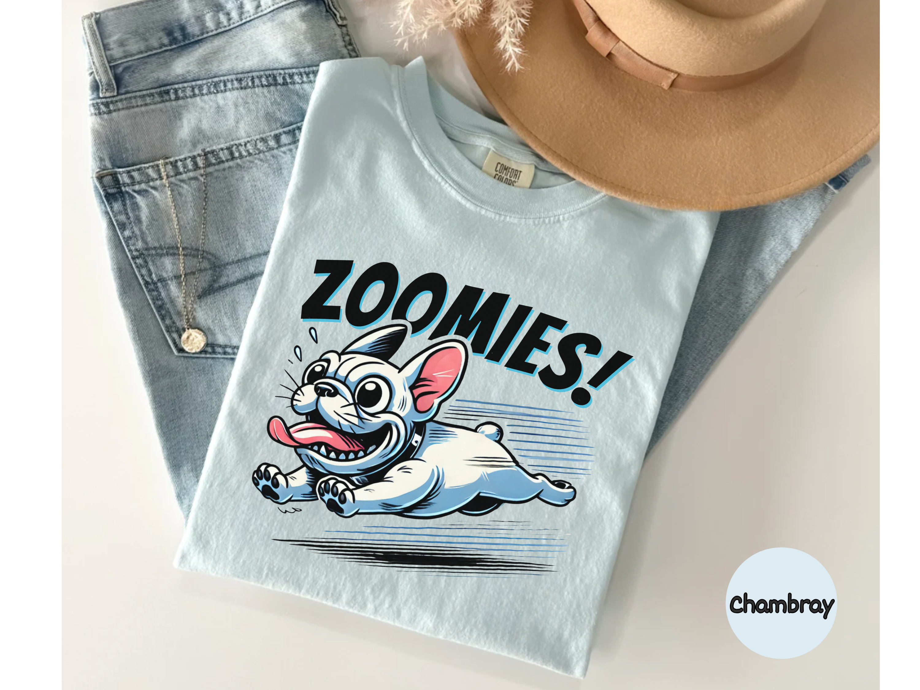Cute happy bulldog t shirt running fast under Zoomies text perfect for pet lovers and French Bulldog fans who enjoy funny dog-themed shirts.