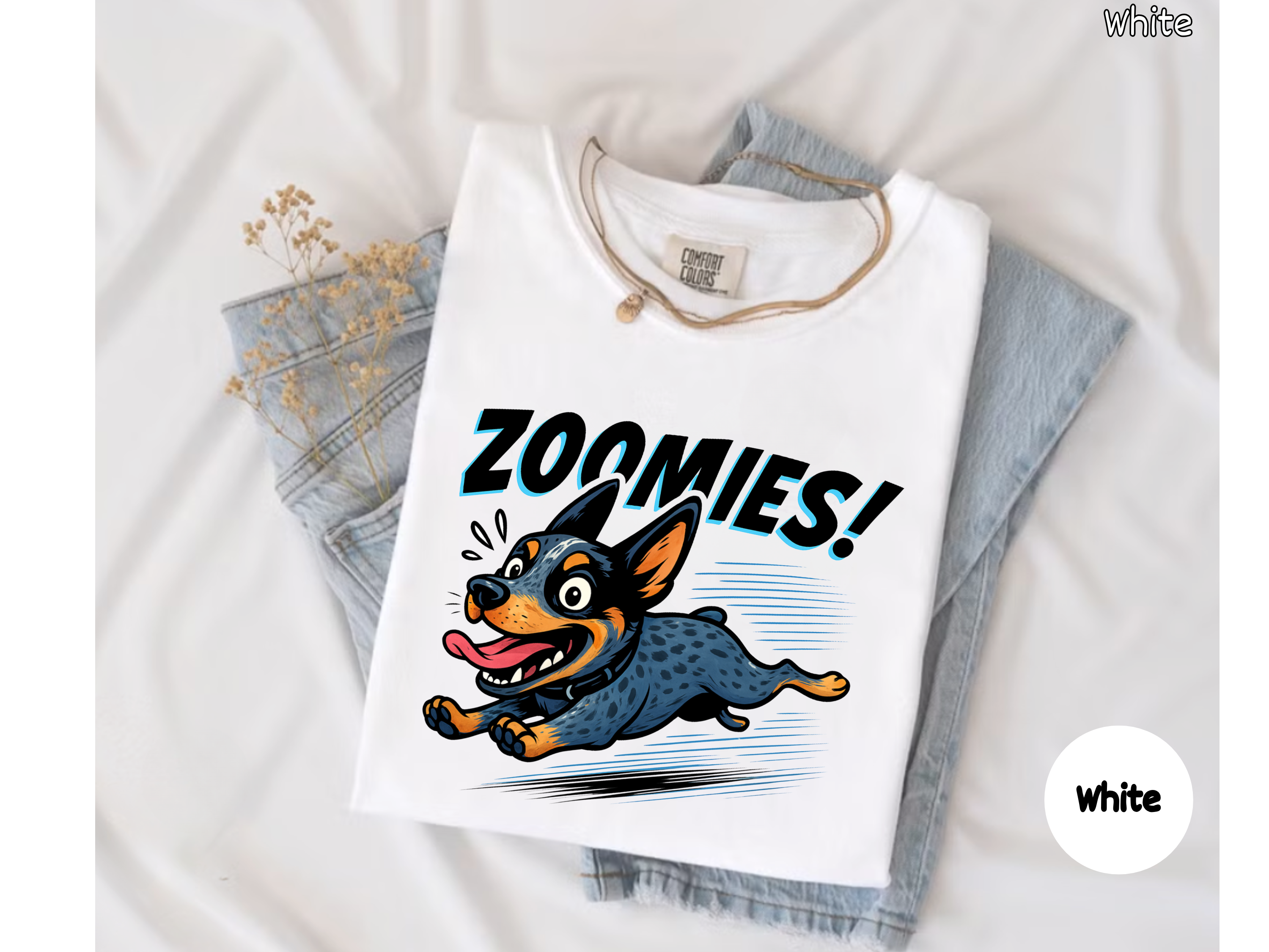 Funny Australian Shepherd zoomies shirt with happy running dog design perfect for dog lovers pet owners and casual outfits.
