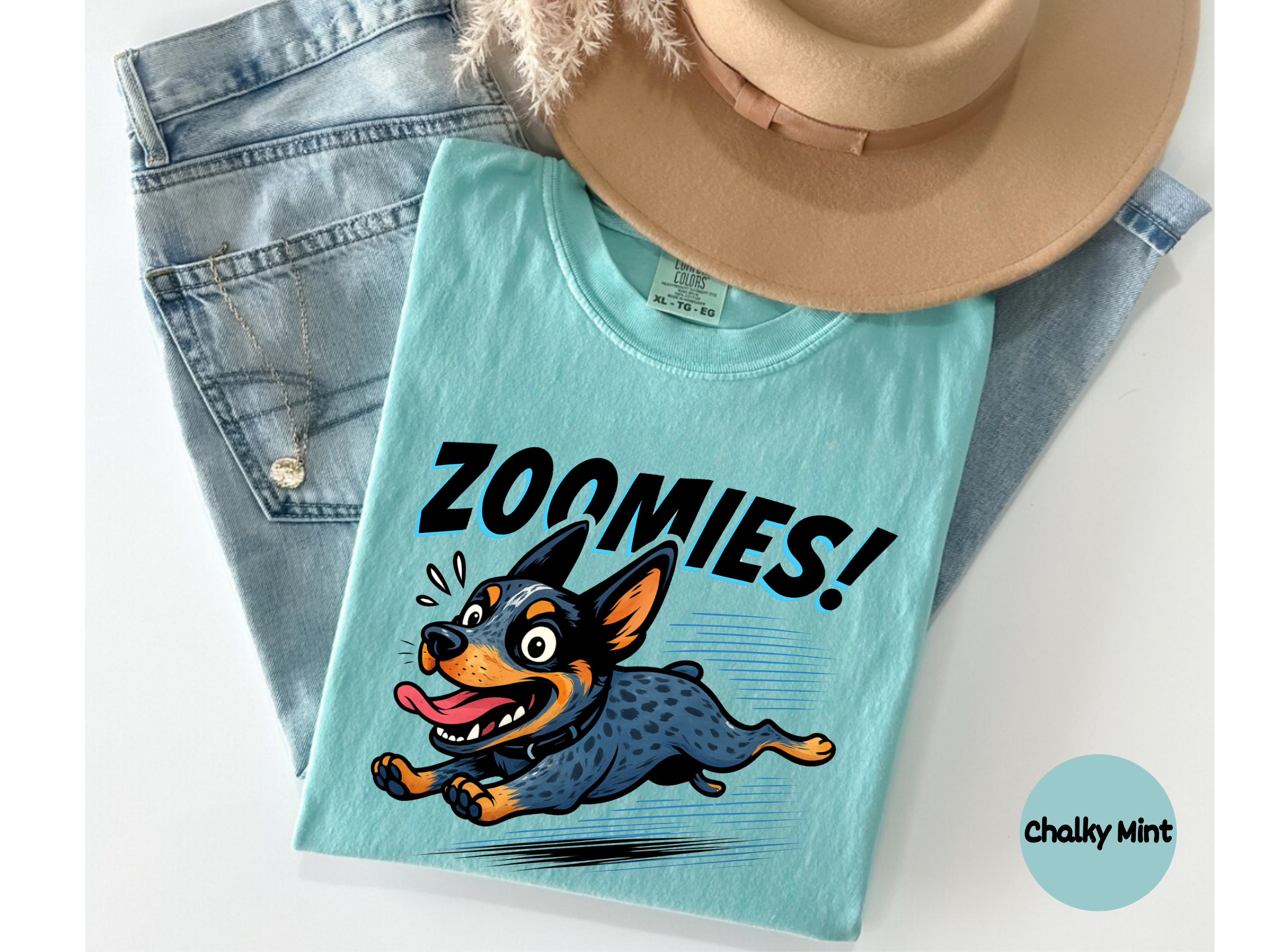 Soft cotton Australian Shepherd tshirt showing zoomies dog design perfect for dog moms dads and owners.