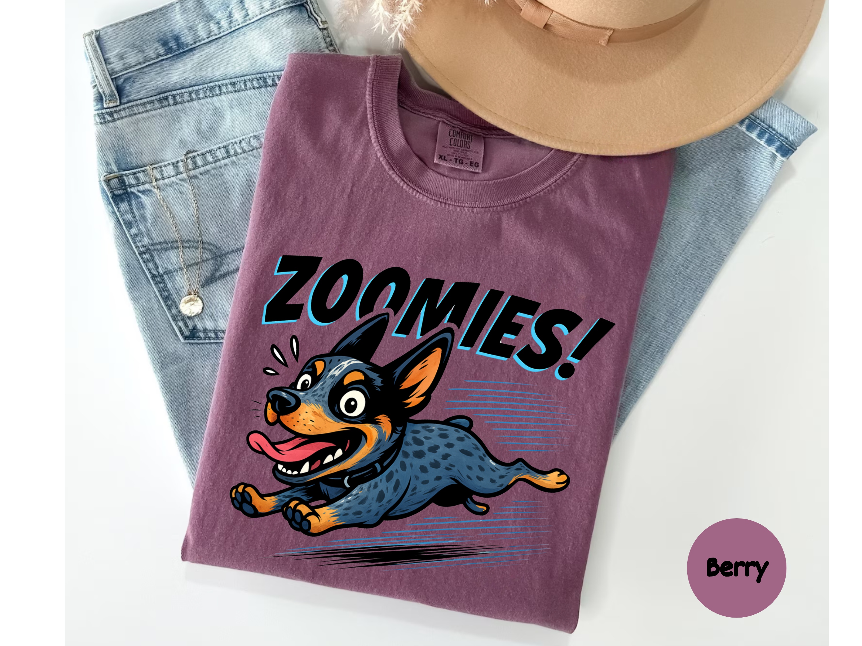 Aussie Shepherd zoomies shirt with smiling dog print perfect for dog owners pet lovers and casual fashion.