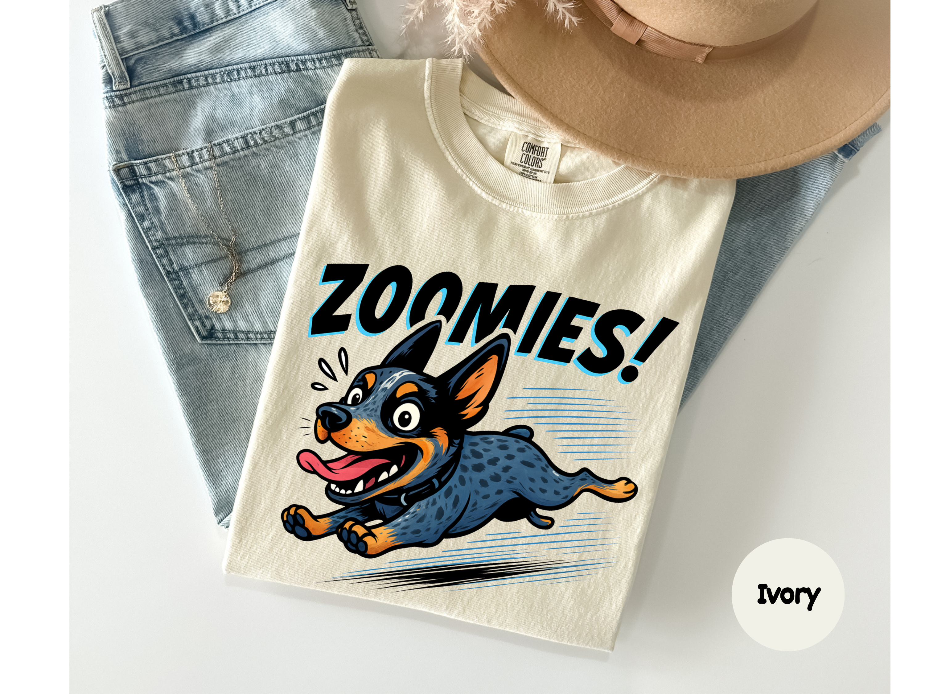 Australian Shepherd zoomies tee featuring adorable running dog perfect for Aussie owners and dog lovers.