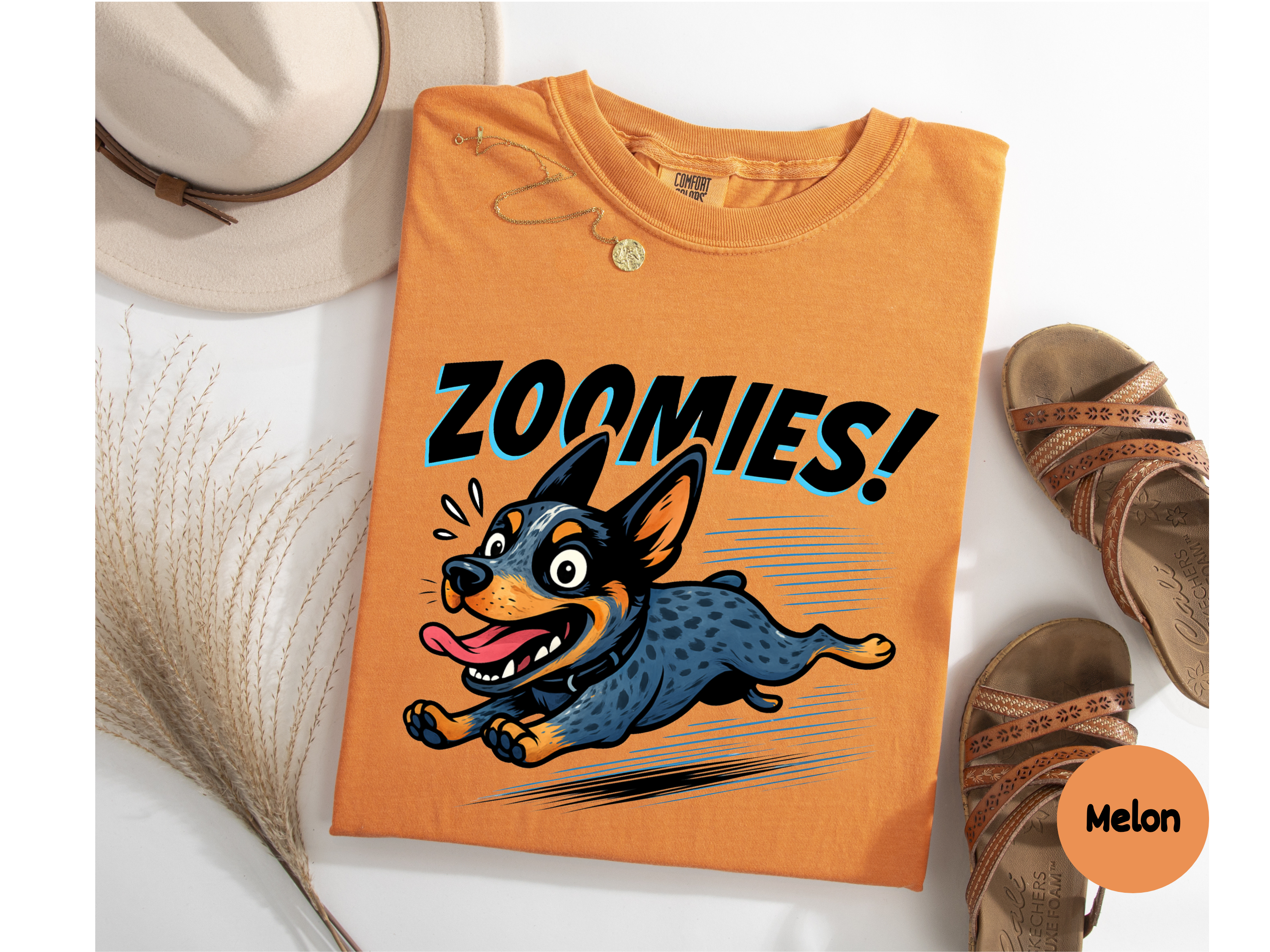 Cute Australian Shepherd t-shirt showing funny zoomies pup ideal for dog moms dads and pet lovers gifts.