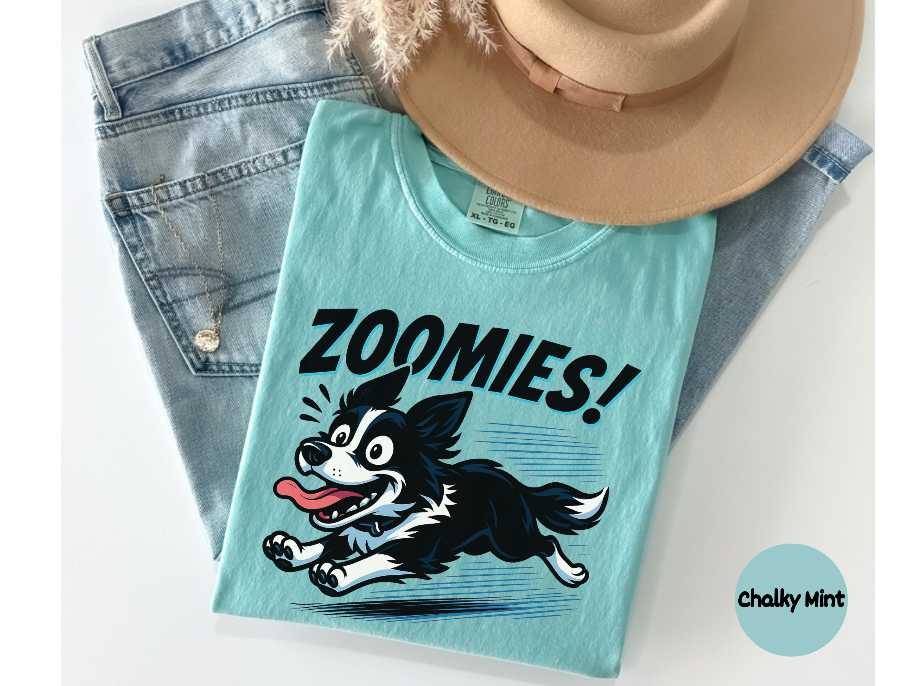 Energetic Border Collie zoomies tee with fun dog design ideal for dog lovers park outings and everyday casual outfits.