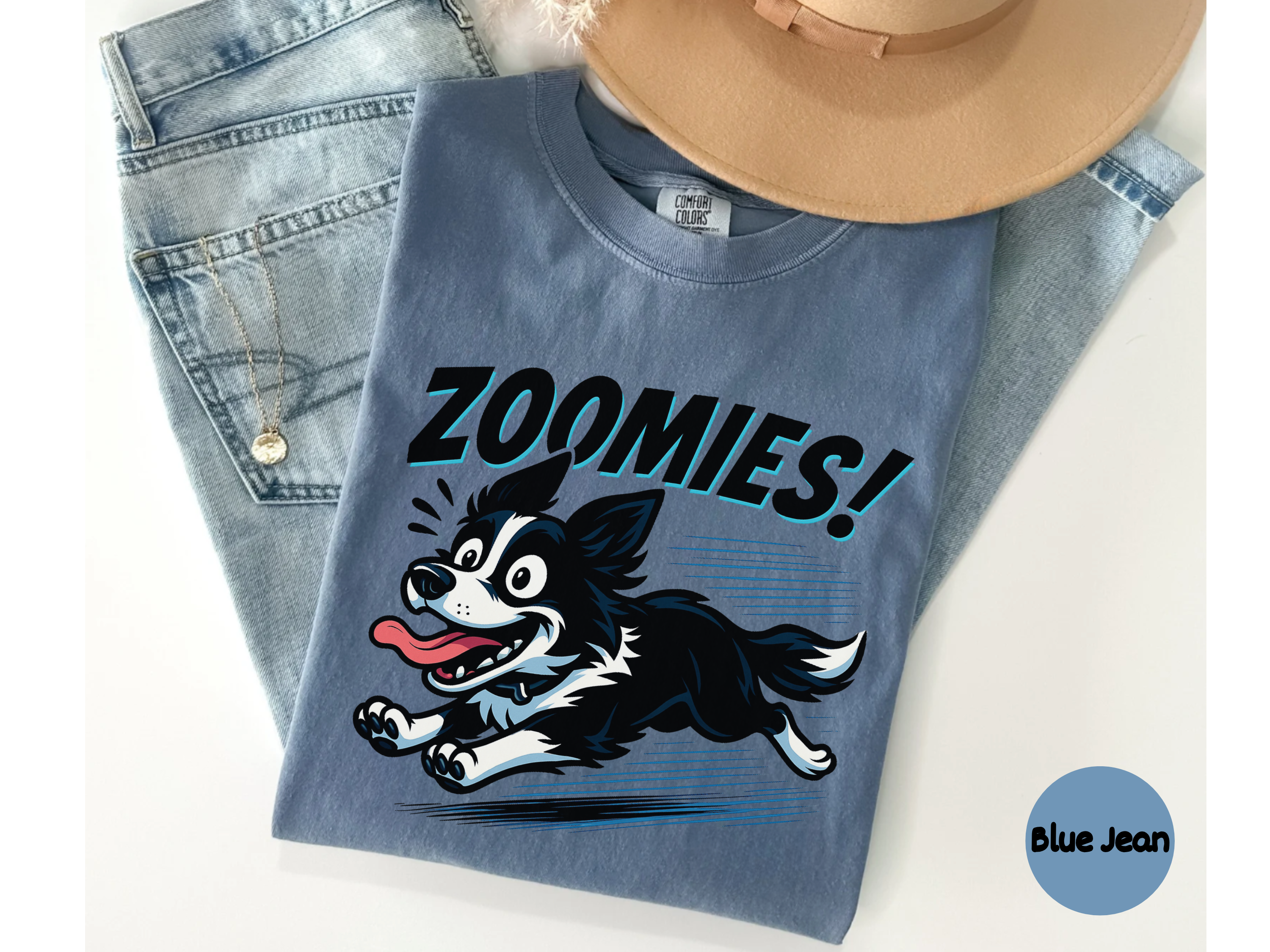 Comfortable Border Collie t-shirt with dynamic zoomies dog illustration for pet enthusiasts casual wear or gifting options.