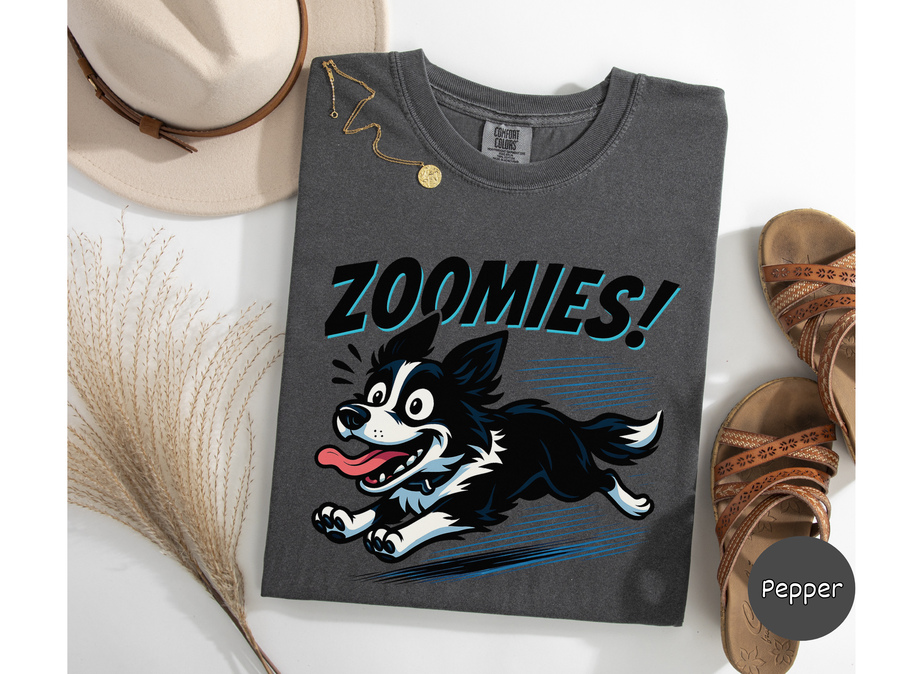 Soft unisex Border Collie shirt capturing energetic zoomies dog moment for dog lovers pet enthusiasts and gift ideas.
