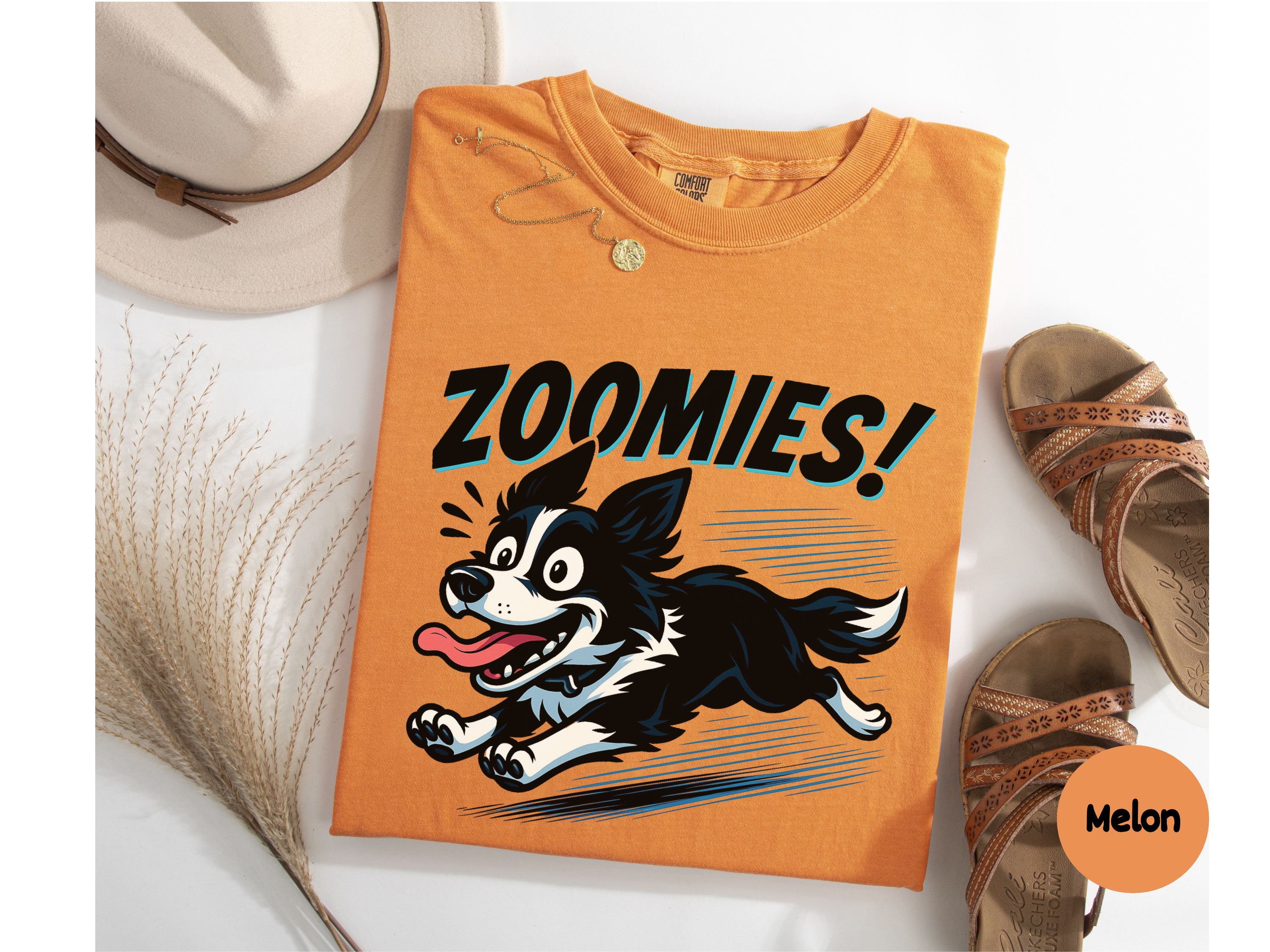 Cute Border Collie t-shirt showing a joyful dog mid-zoomies ideal for dog moms dads and pet lover gifts.