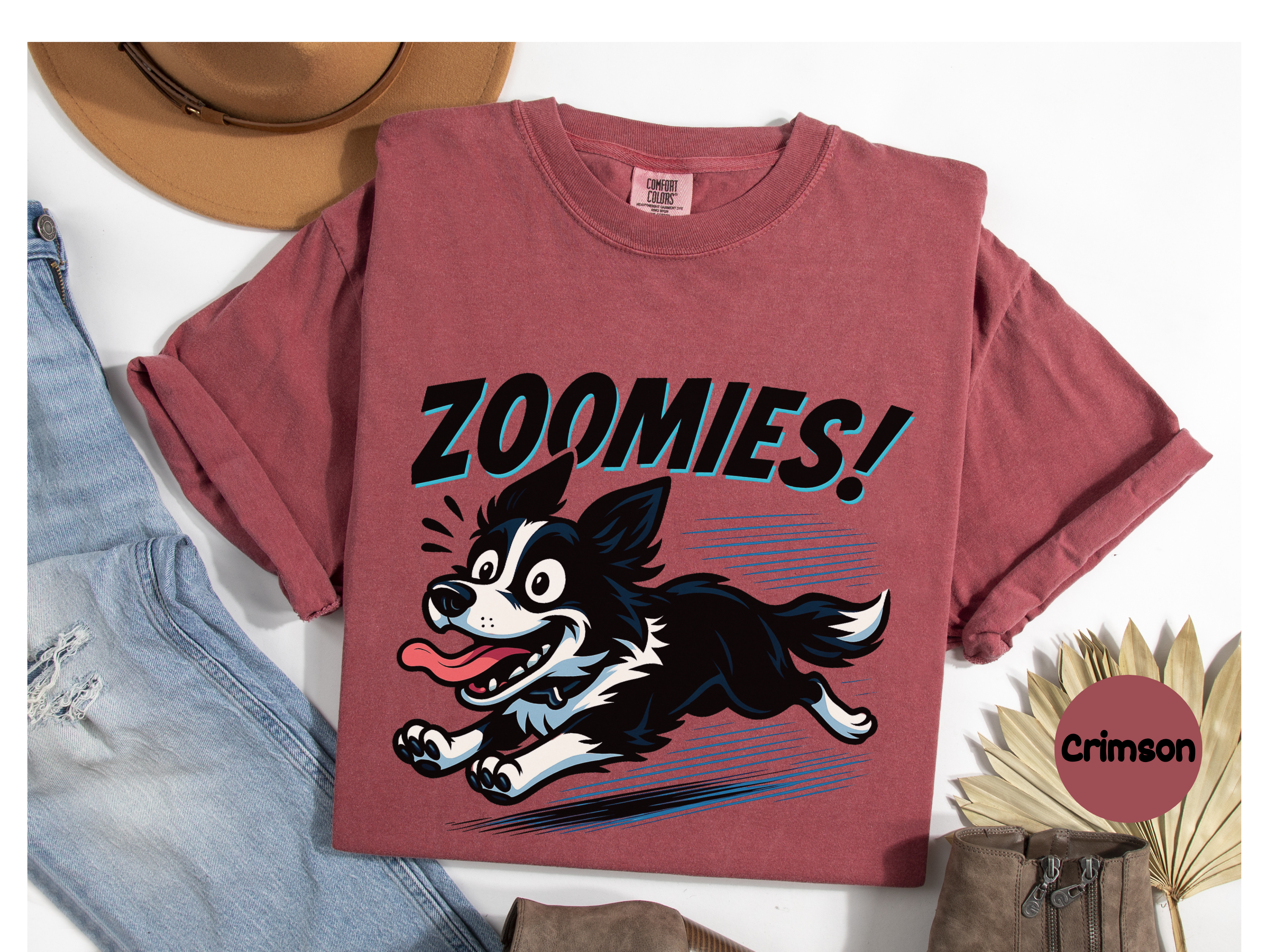 Playful Border Collie tee showing happy energetic dog zoomies perfect for dog owners pet lovers and casual fashion wear.