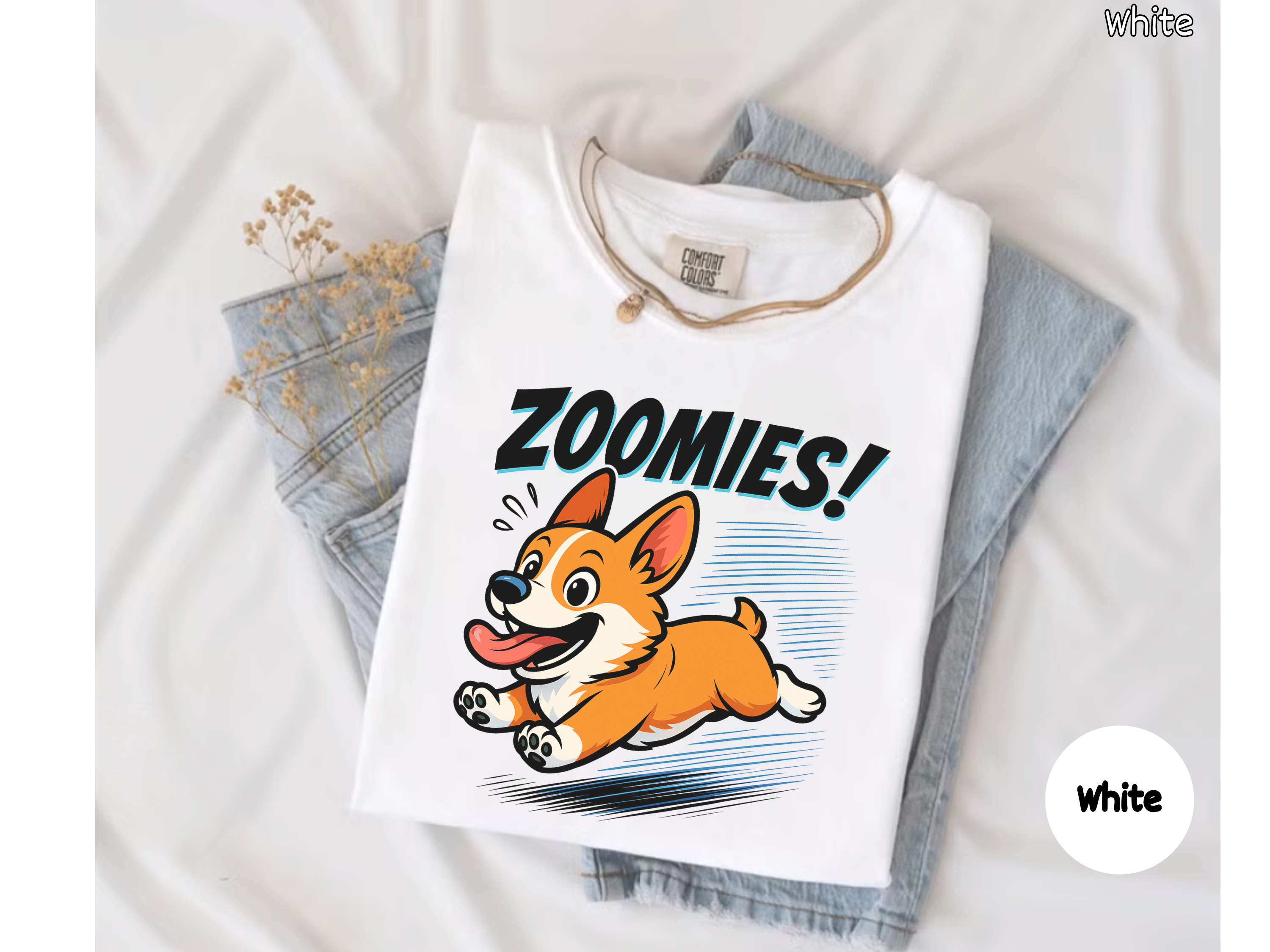 Corgi zoomies t-shirt featuring a smiling corgi running full speed across design perfect for dog lovers and pet owner gifts.