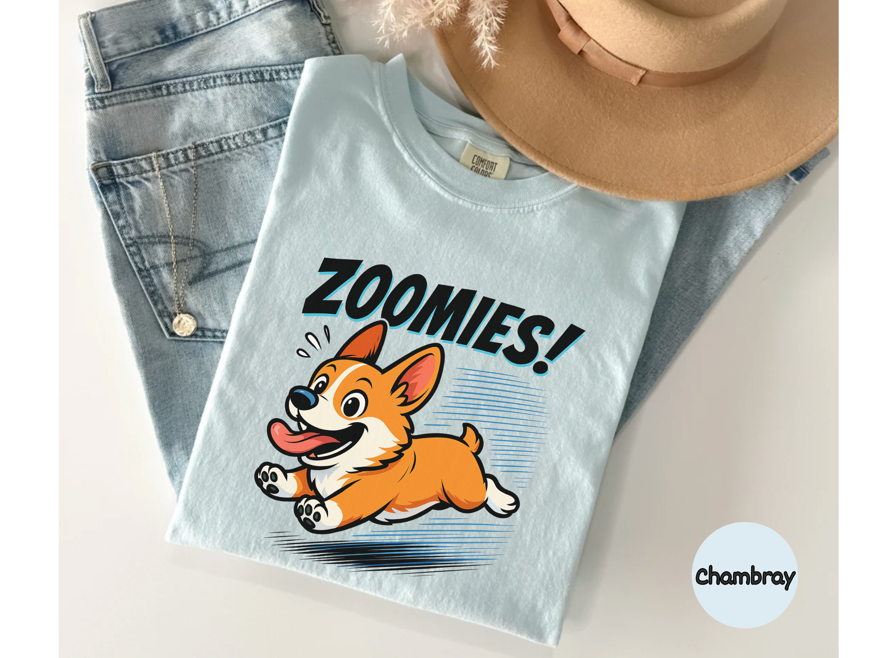Cute corgi t-shirt with fun zoomies graphic showcasing corgi personality great for dog owner wardrobe and gifting.