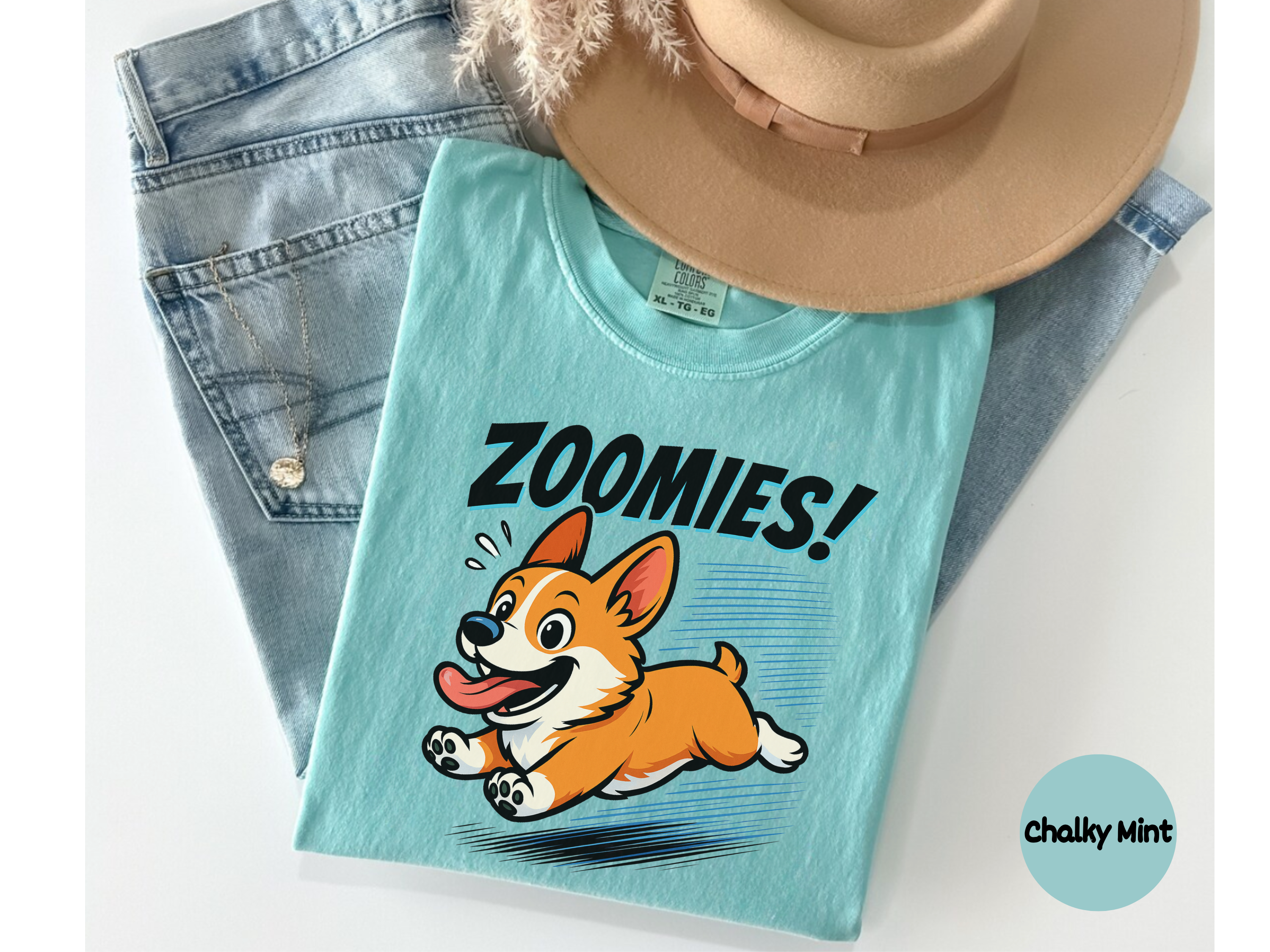 Soft cotton corgi shirt with lively zoomies design showing joyful corgi sprinting perfect for pet lovers and gifts.