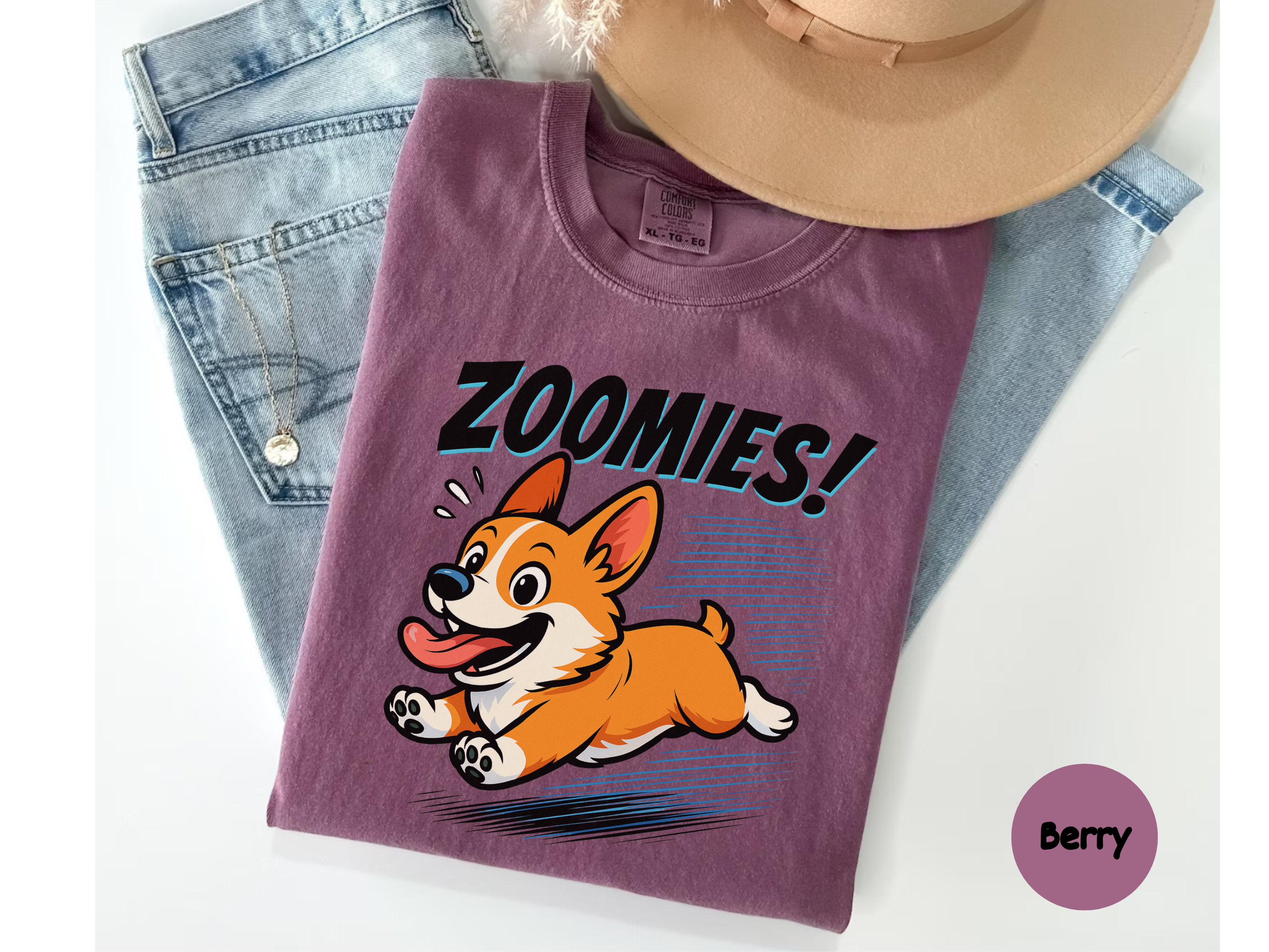 Vibrant corgi zoomies t-shirt celebrating corgi owner life with fun dog graphic perfect for gifting corgi fans.