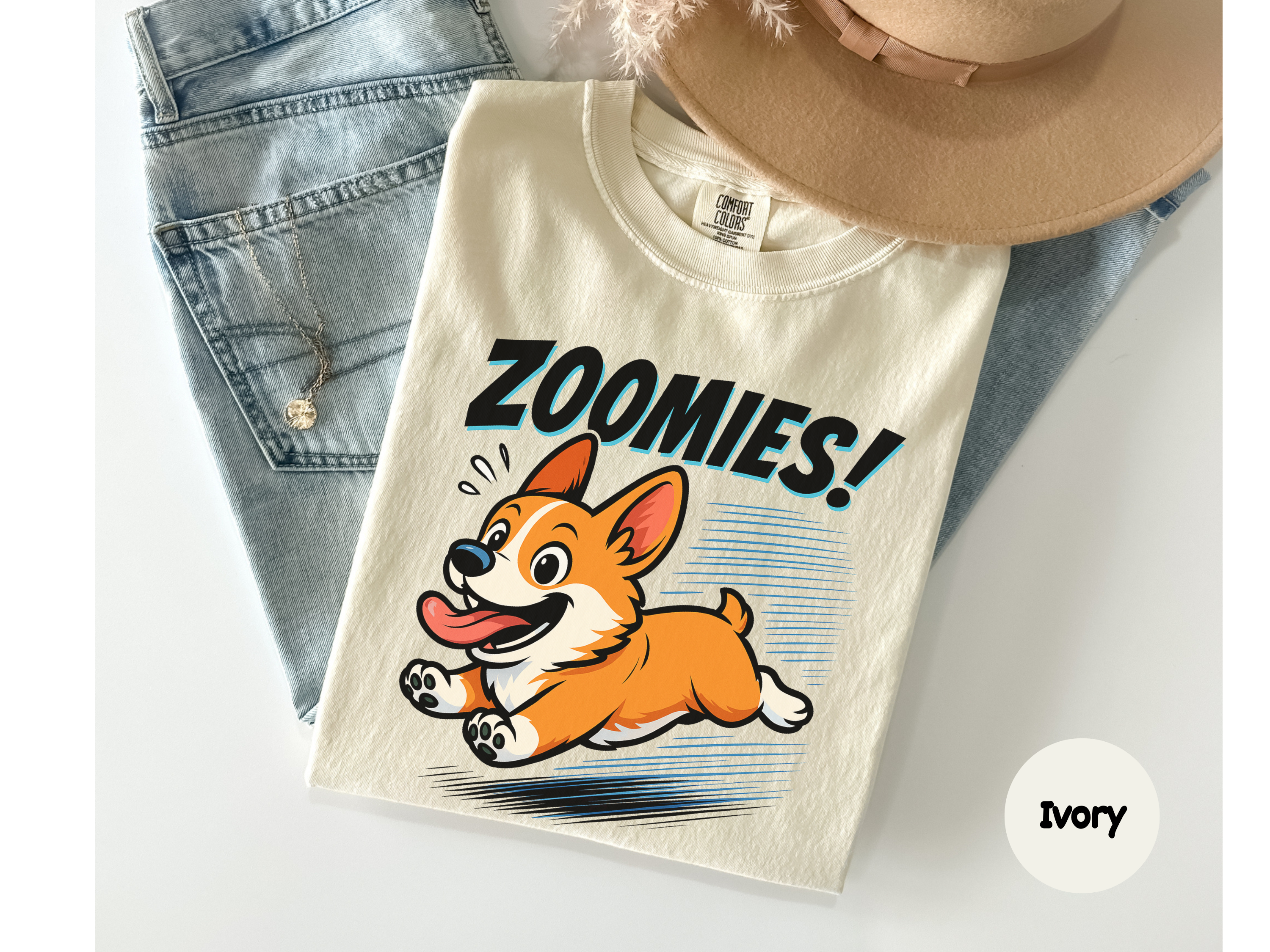 Dog lover shirt with corgi zoomies graphic on high quality cotton tee great for pet parent gifting or daily dog walk fits.