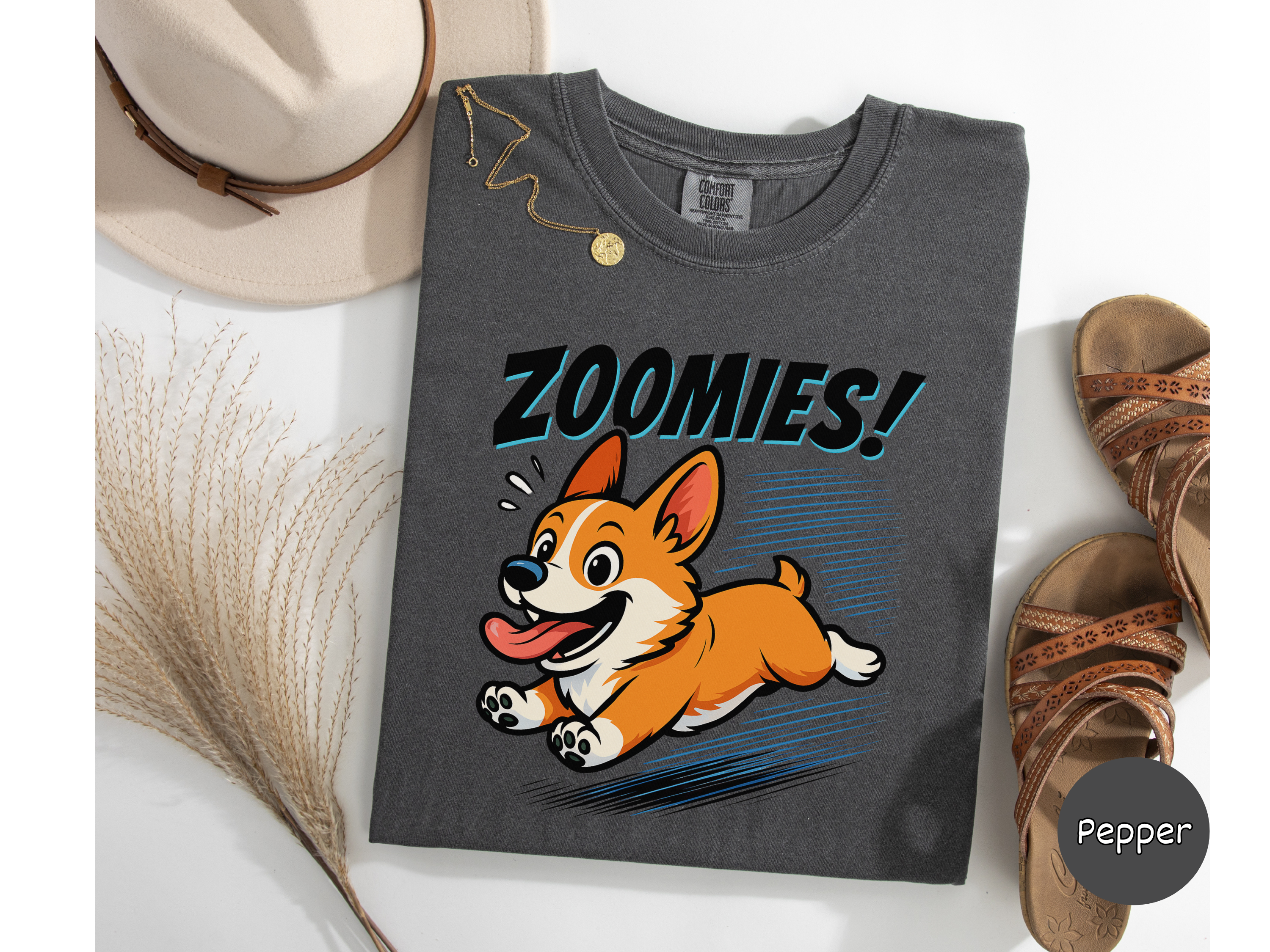 Unisex corgi t-shirt with energetic zoomies dog illustration perfect for corgi owners dog lovers and fun apparel.