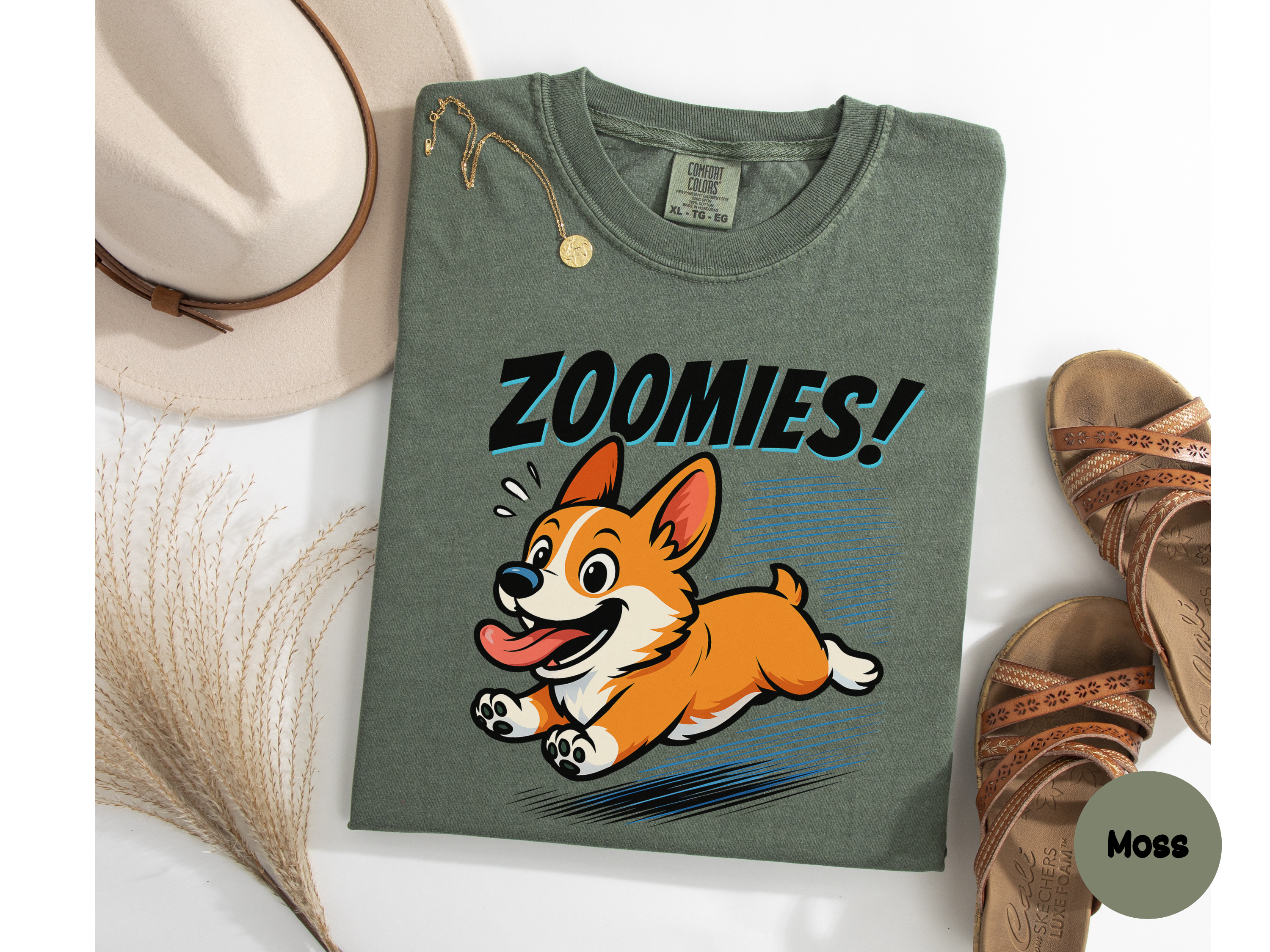 Corgi zoomies tee with happy running dog design ideal for dog park visits pet parent look or everyday casual outfit.
