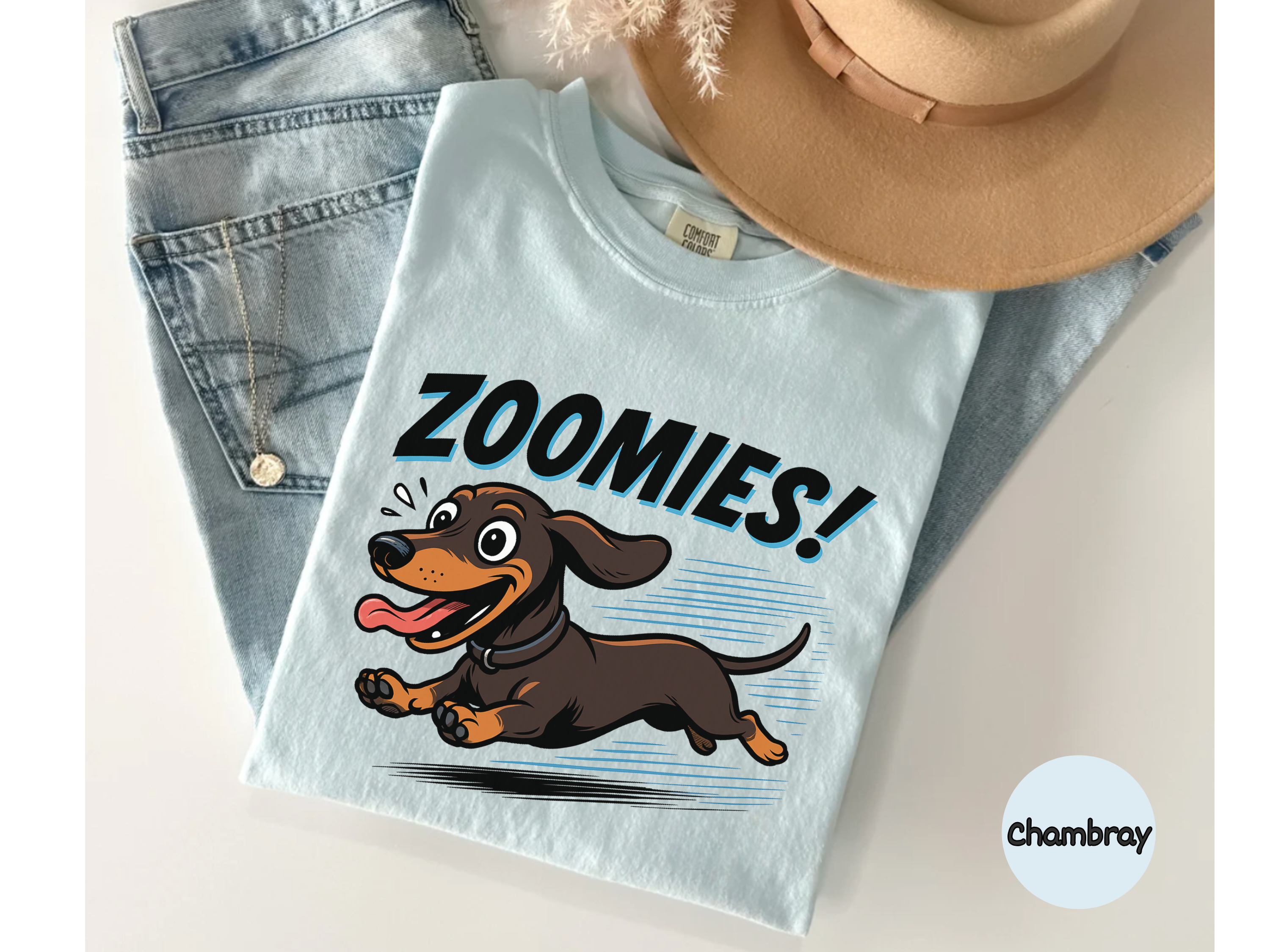 Funny sausage dog t-shirt with hilarious dachshund zoomies scene perfect for pet parent gifting or wiener dog enthusiast outfit.
