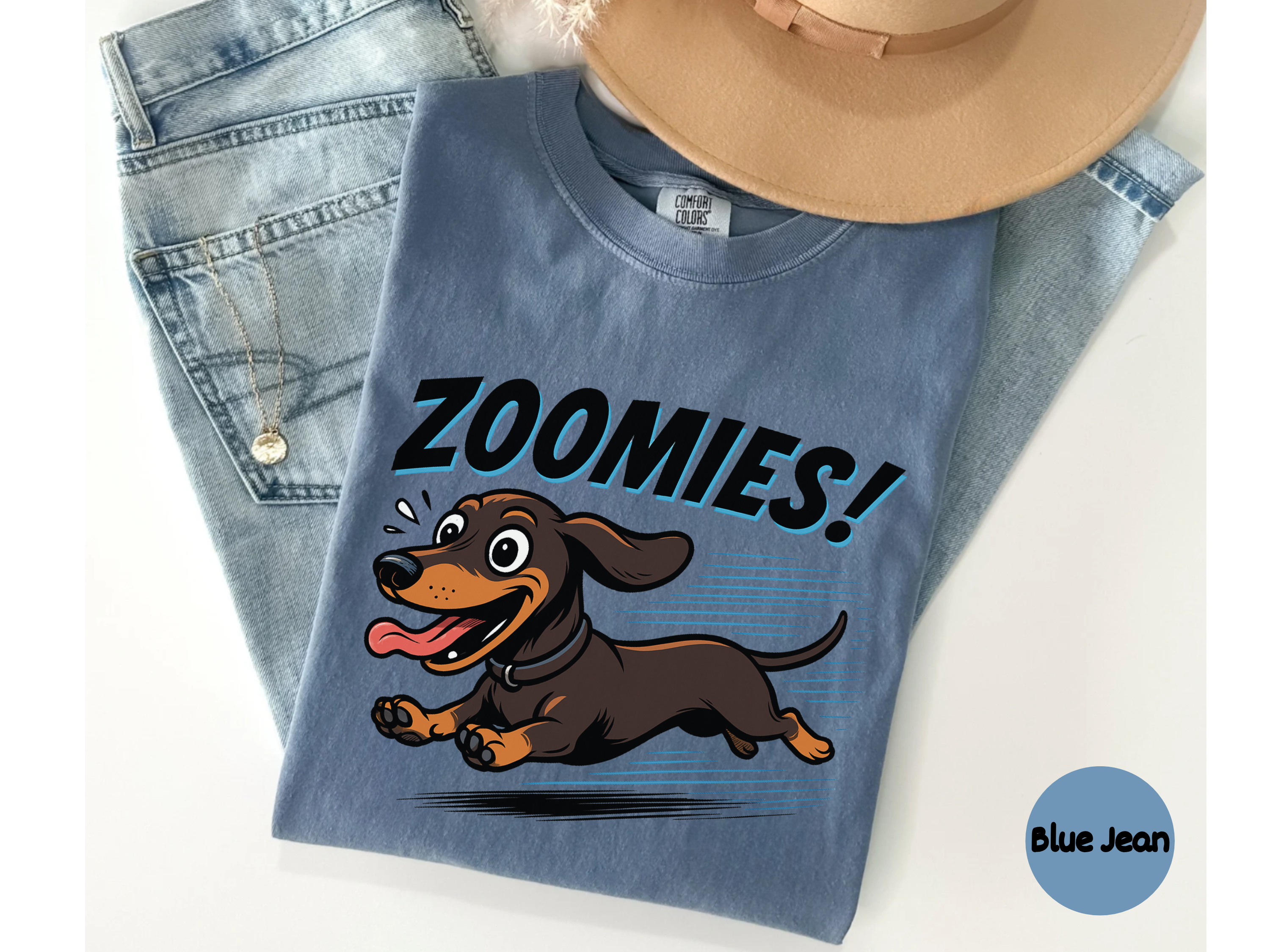Dachshund shirt showing cheerful sausage dog doing zoomies great for dog lovers casual wear or dog mom dad gift ideas.