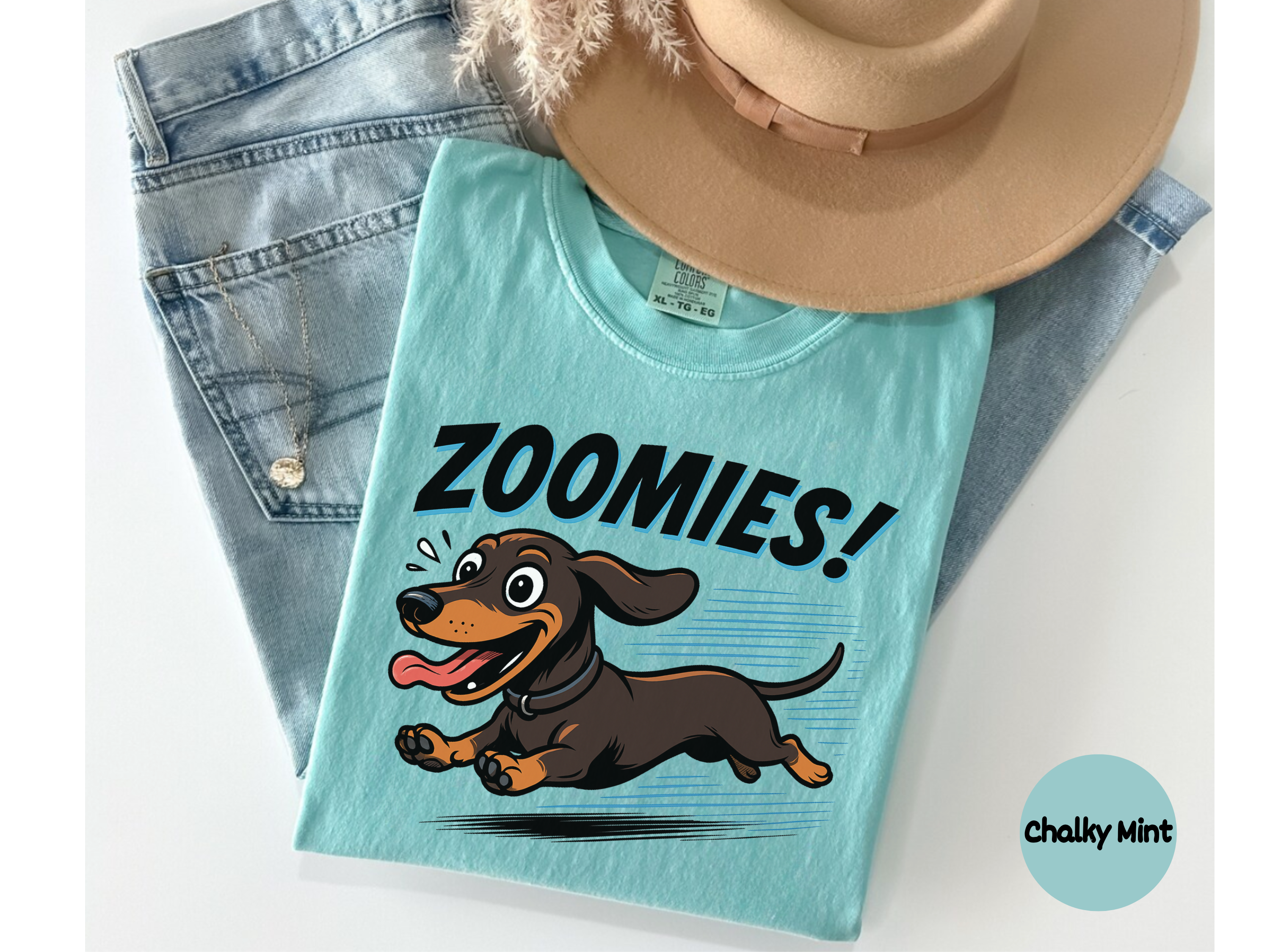 Wiener dog zoomies tee featuring dachshund graphic racing across print perfect for dog lovers parents and dog park visits.