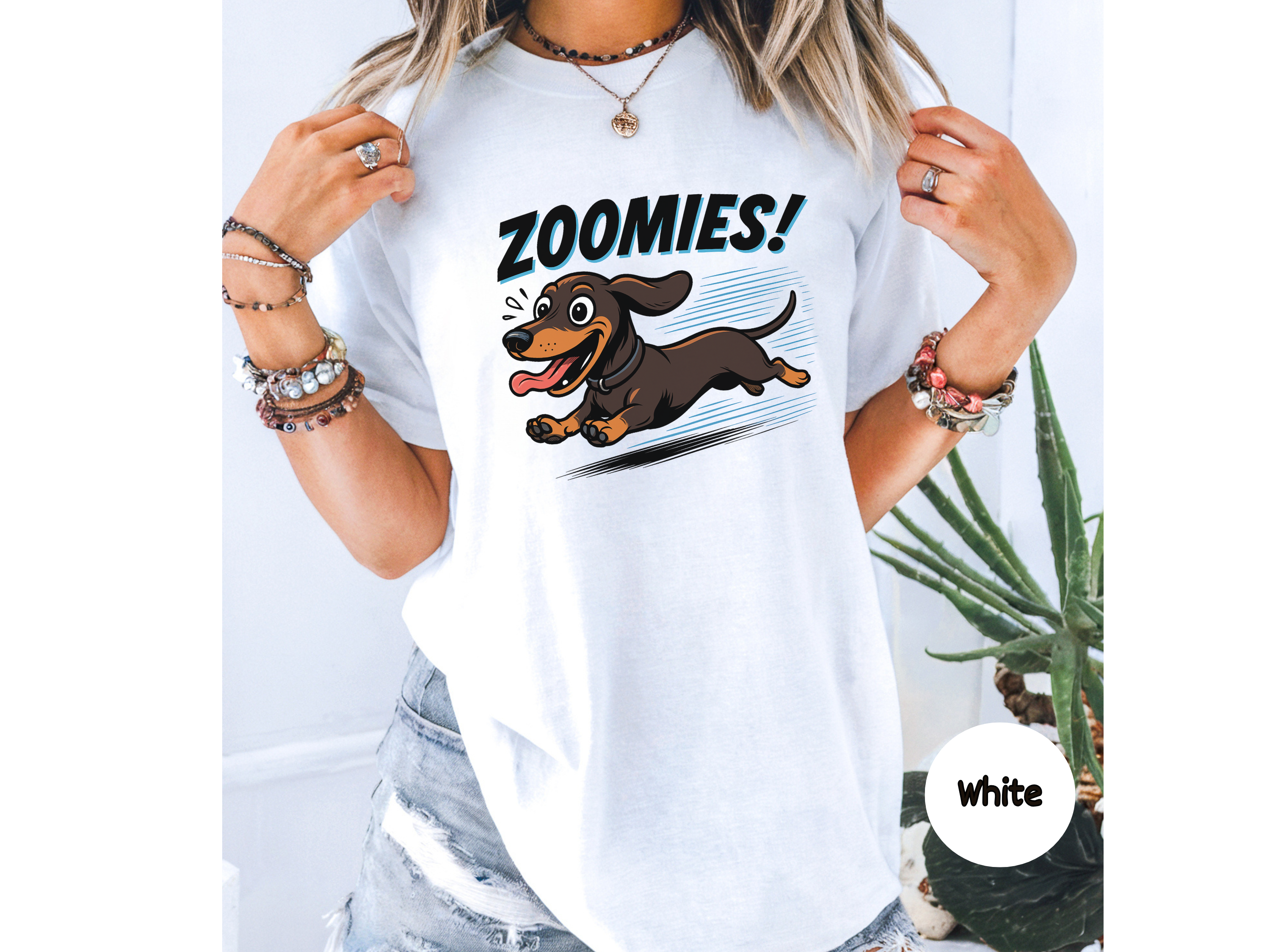 Funny dachshund zoomies t-shirt featuring a sausage dog sprinting full speed perfect for dog lovers pet parent gift and casual wear.