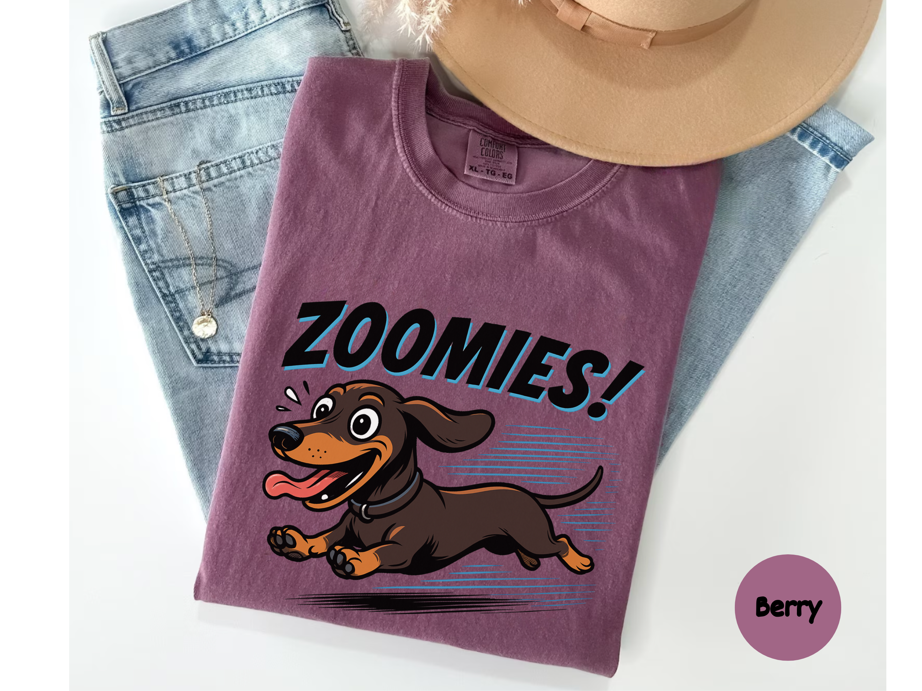 Sausage dog lover t-shirt with dachshund zoomies graphic perfect for dog moms dads and anyone obsessed with wiener dogs.