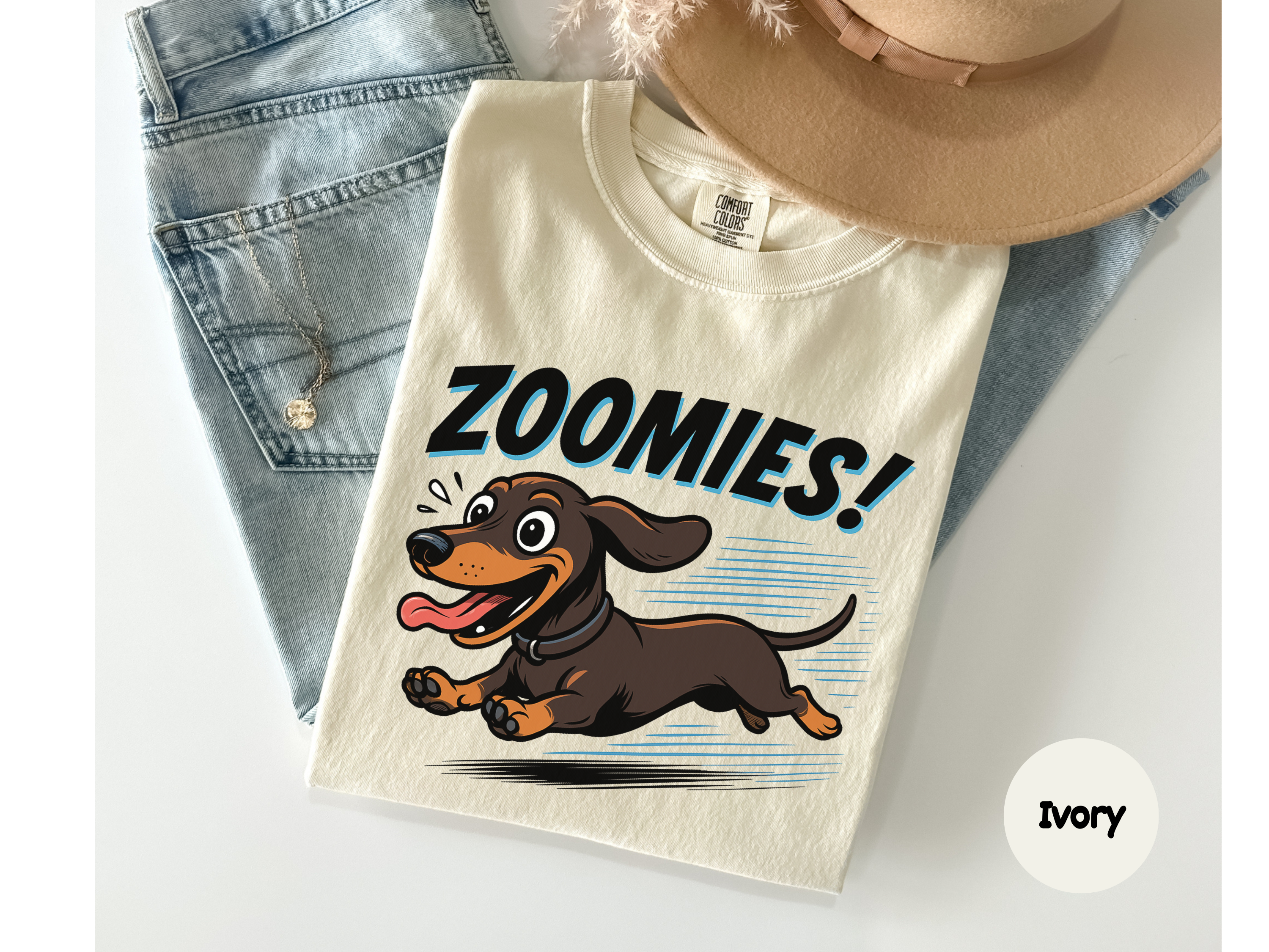 Dachshund tee showing playful sausage dog zoomies design on a comfortable unisex shirt great for pet owners and dog enthusiasts.