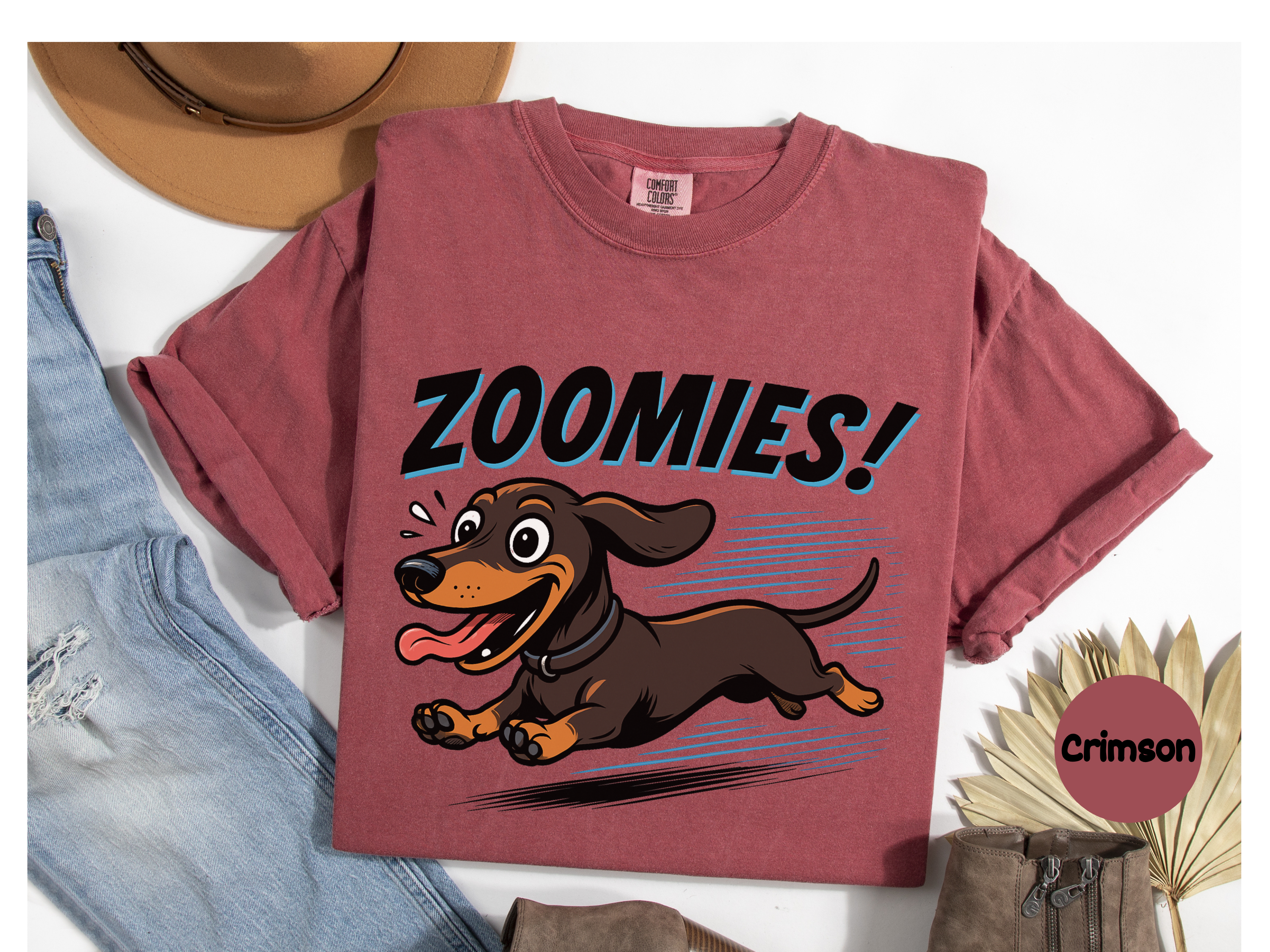 Dog lover tee featuring dachshund zoomies moment on soft cotton shirt ideal for wiener dog owners and casual everyday style.