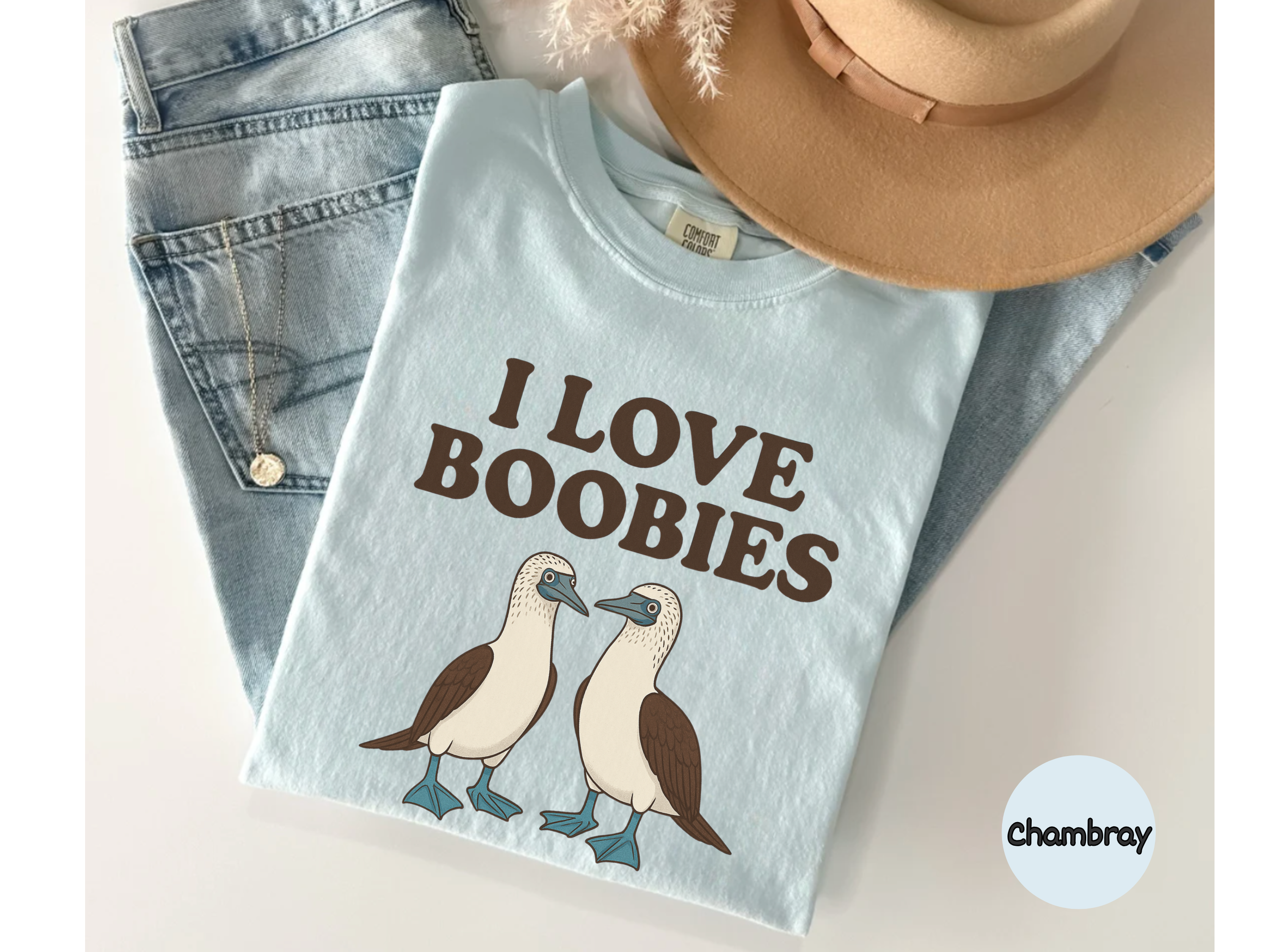 Funny bird pun t-shirt “Boobies” featuring seabirds graphic on high quality shirt perfect for humor lovers.