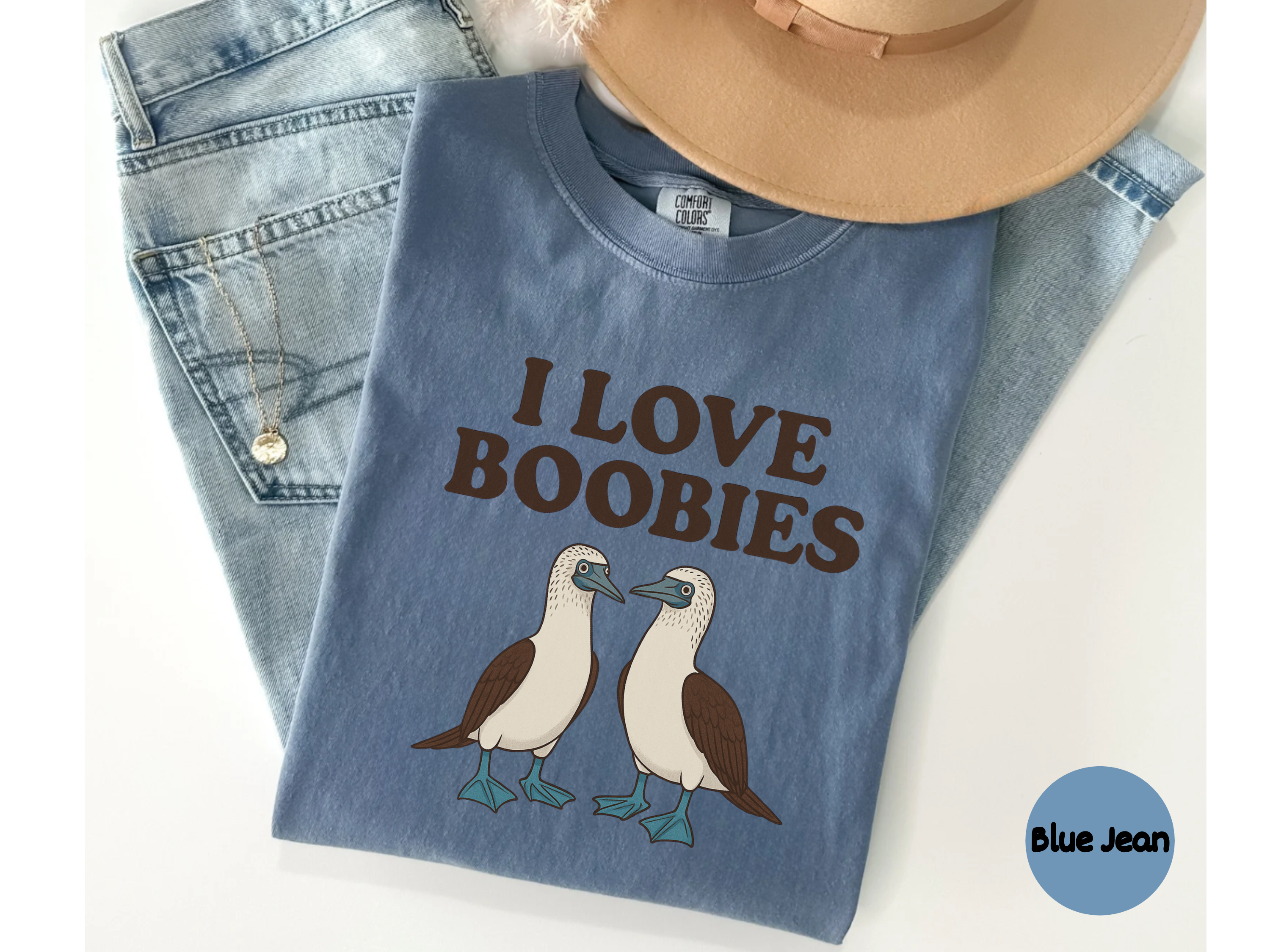 Relaxed unisex “Boobies” t-shirt featuring bird pun graphic design perfect for funny apparel and casual wear.