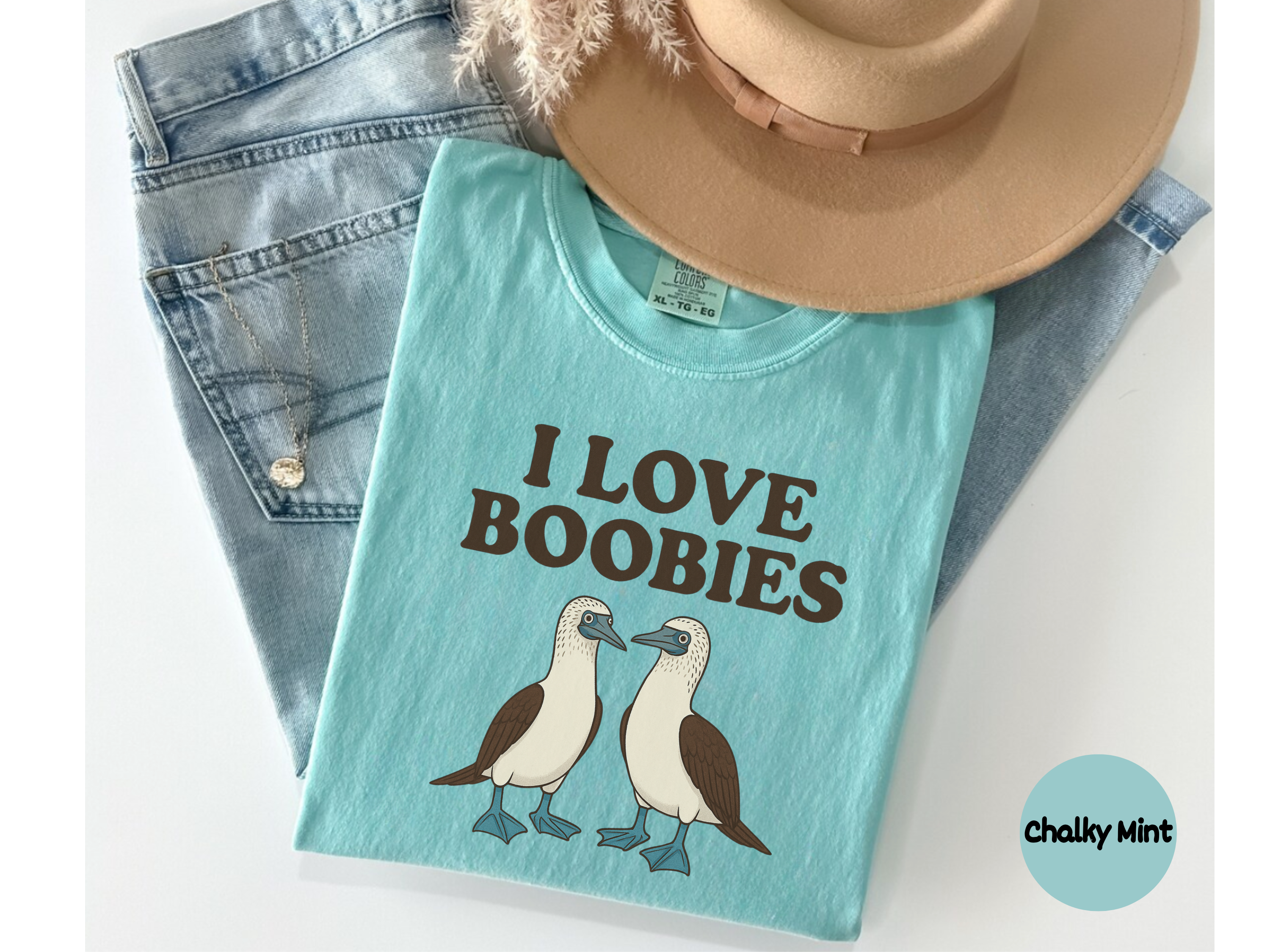 “Boobies” shirt with playful seabird pun print on comfy tee great for parties gifts and funny apparel stash.
