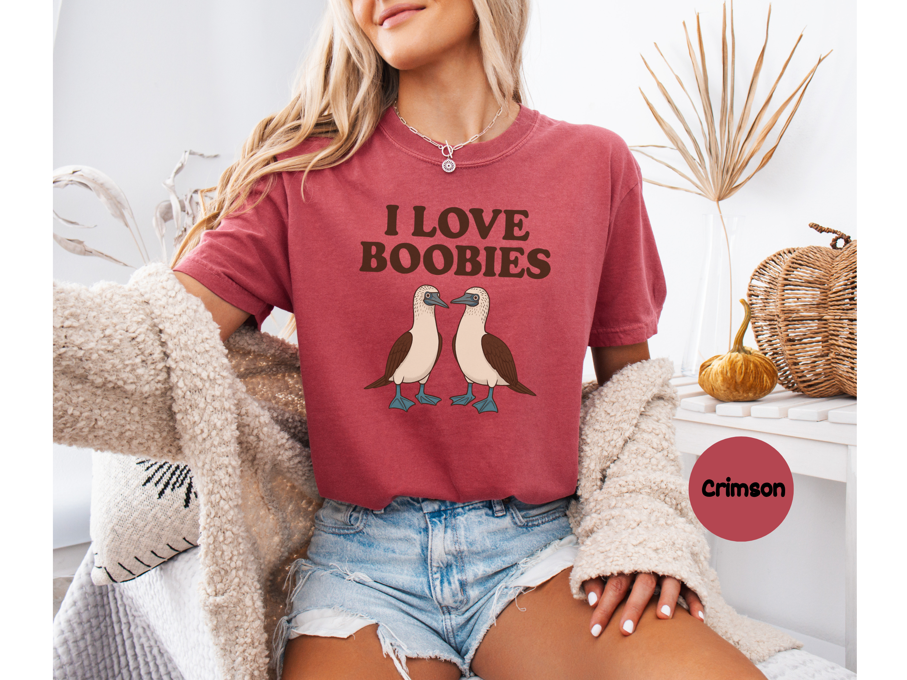 Soft “Boobies” shirt with cartoon seabird pun print on tee great for novelty shirts collection or fun gift.