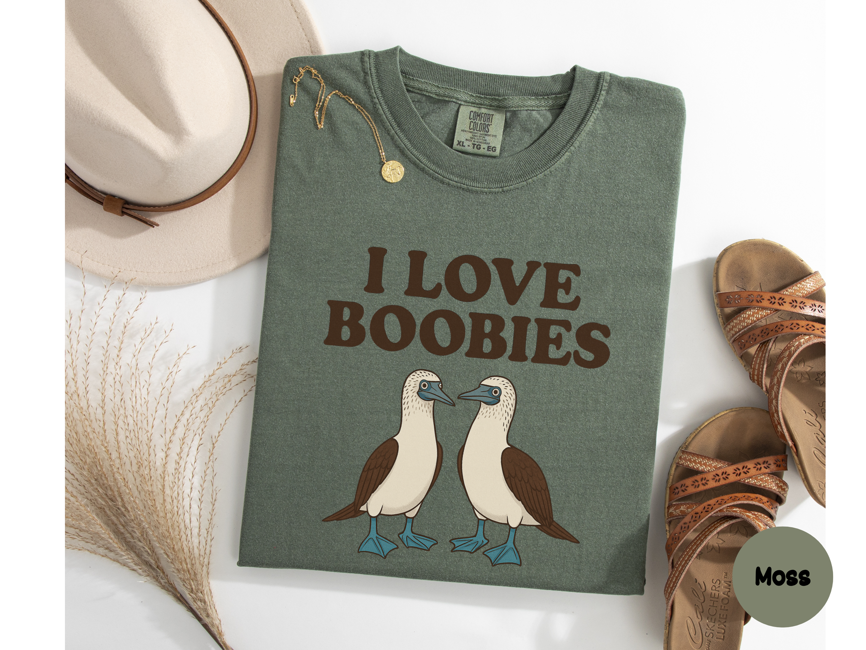 Novelty “Boobies” tee graphic featuring cartoon birds for funny gift ideas and casual everyday shirt wear.