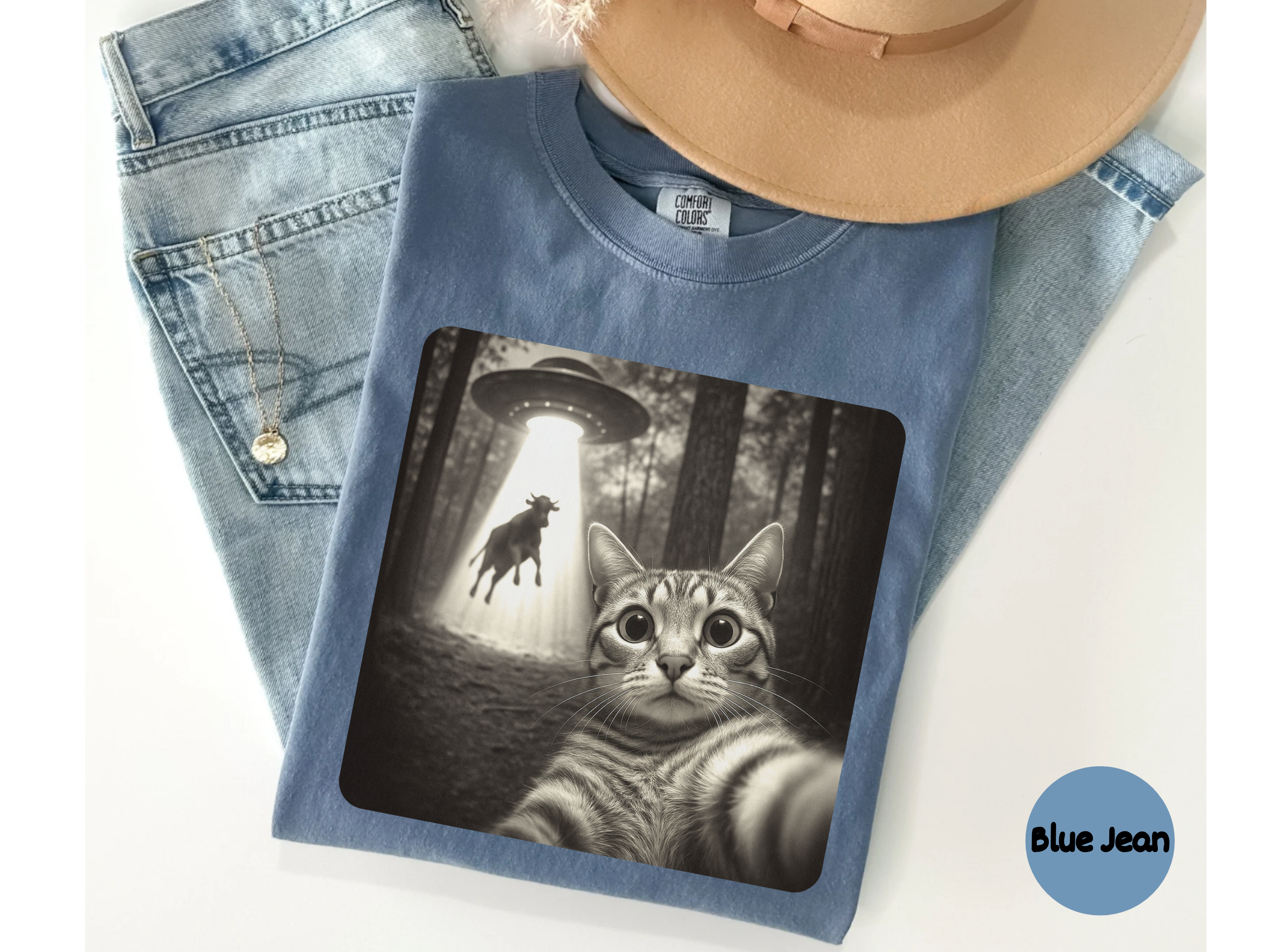 Cat selfie t-shirt with alien abduction graphic showing crisp print and relaxed fit perfect for everyday wear.
