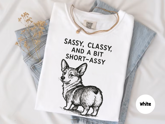 Funny corgi t-shirt with sassy classy and a bit short assy text, cute cartoon corgi graphic, humorous dog lover apparel