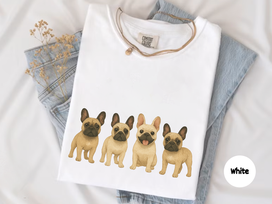 Adorable French Bulldog squad four cute puppies sitting in row big eyes bat ears one with tongue out realistic style on black background perfect Frenchie lover t-shirt design