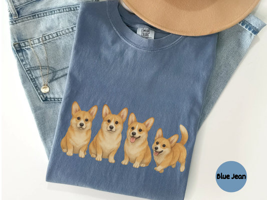 Adorable cartoon Pembroke Welsh Corgi squad t-shirt print four cute fawn puppies sitting big eyes perky ears one tongue out fluffy fur on black background corgi lover apparel design