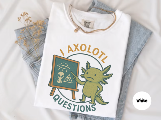 Funny axolotl conspiracy t-shirt print cute salamander pointing at UFO alien Illuminati eye board I Axolotl Questions arched text retro graphic on black for pun lover apparel