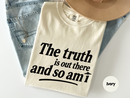 Alien humor graphic tee with UFO themed text in clean typography perfect for people who enjoy funny conspiracy jokes and internet meme culture