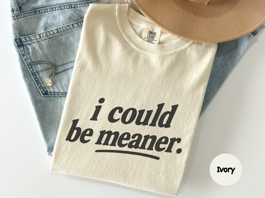 Funny sarcastic t shirt featuring the phrase i could be meaner in bold minimalist lettering on a black background designed for dry humor lovers