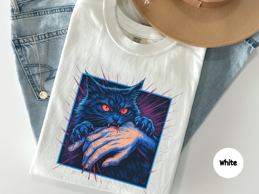 Spooky style cat lover tee showing a fierce black cat in bold graphic art