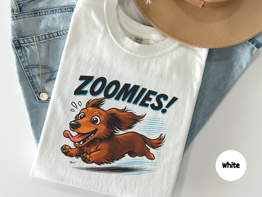 Funny dachshund t shirt featuring a long haired wiener dog running with zoomies energy designed for dog lovers dachshund owners and fans of playful pet humor apparel