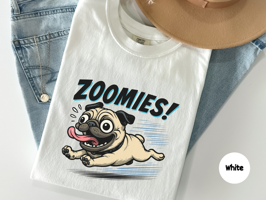 Funny pug t shirt featuring a high energy dog running with zoomies designed for pug owners dog lovers and fans of playful pet humor apparel