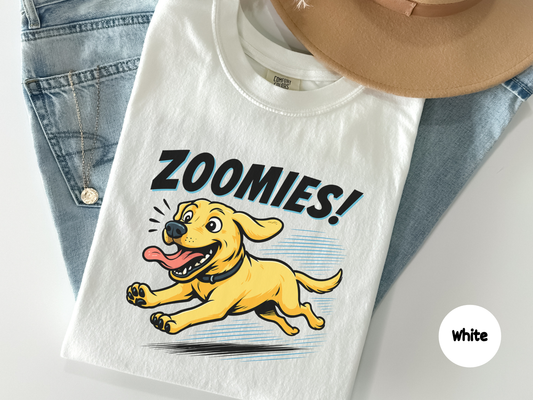 Golden lab lover t shirt showing a smiling retriever sprinting with zoomies energy perfect as a gift for dog moms dog dads and pet lovers