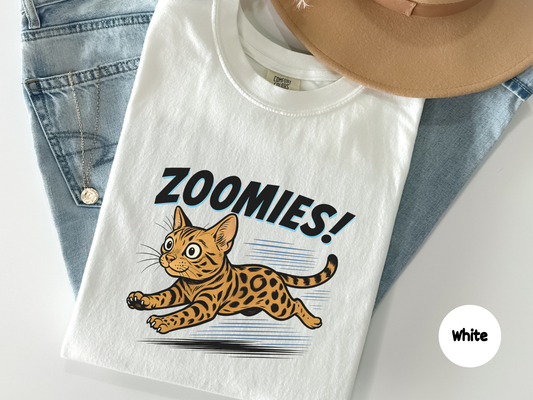 Funny bengal cat t shirt featuring a spotted wild looking cat running in zoomies mode designed for cat lovers pet owners and fans of energetic feline humor