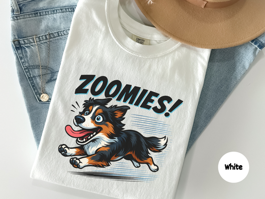 Funny border collie zoomies t shirt featuring a multicolor energetic herding dog sprinting with excitement designed for dog lovers pet owners and collie fans